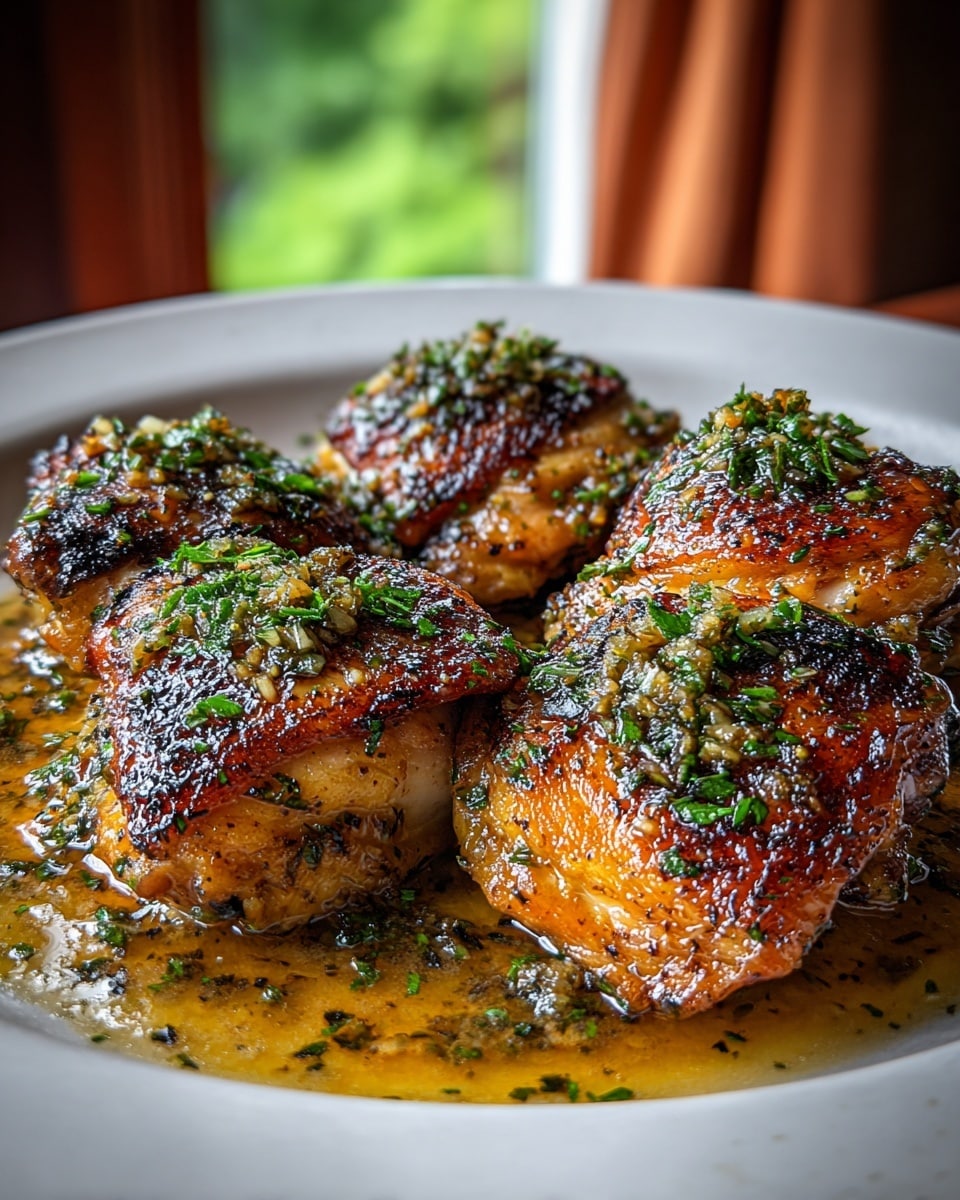 The image shows a white plate with five pieces of golden-brown roasted chicken thighs arranged in a close cluster. Each piece has a crispy, darkened skin with a shiny, oily coating, and they are topped with a mix of finely chopped green herbs and bits of garlic. Around the chicken thighs is a pool of glossy, light amber sauce with visible green herb specks. The background includes a blurred green window view with some brown curtains, while the plate sits on a white marbled surface. photo taken with an iphone --ar 4:5 --v 7