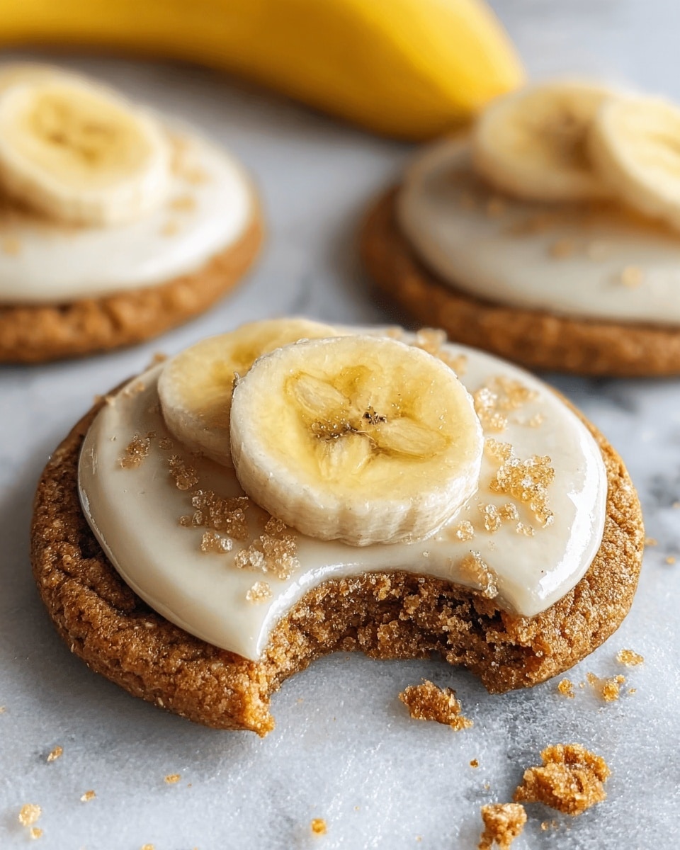 Two round cookies are placed on a white marbled surface, with one cookie closer and one slightly blurred in the back. Each cookie has two layers: a golden brown baked base with a coarse texture, topped with a smooth, light cream-colored frosting. On top of the frosting lies a thin slice of banana with a pale yellow color and visible banana seeds as a star shape. Brown sugar granules are sprinkled lightly on the frosting and banana slice. The cookie in the front has a bite taken out of it, showing a soft, crumbly interior with scattered crumbs nearby. A yellow banana is visible blurred in the background. Photo taken with an iphone --ar 4:5 --v 7