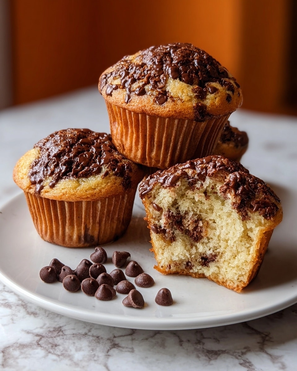 Three muffins are arranged on a white plate on a white marbled surface. Two whole muffins have golden-brown tops with melted dark chocolate chips spread unevenly on the top, while the third muffin is cut in half and placed upright to show a soft, spongy inside filled with small pieces of chocolate. In front of the muffins, there are several small dark chocolate chips scattered on the plate. The background is softly blurred with warm, muted colors. Photo taken with an iphone --ar 4:5 --v 7