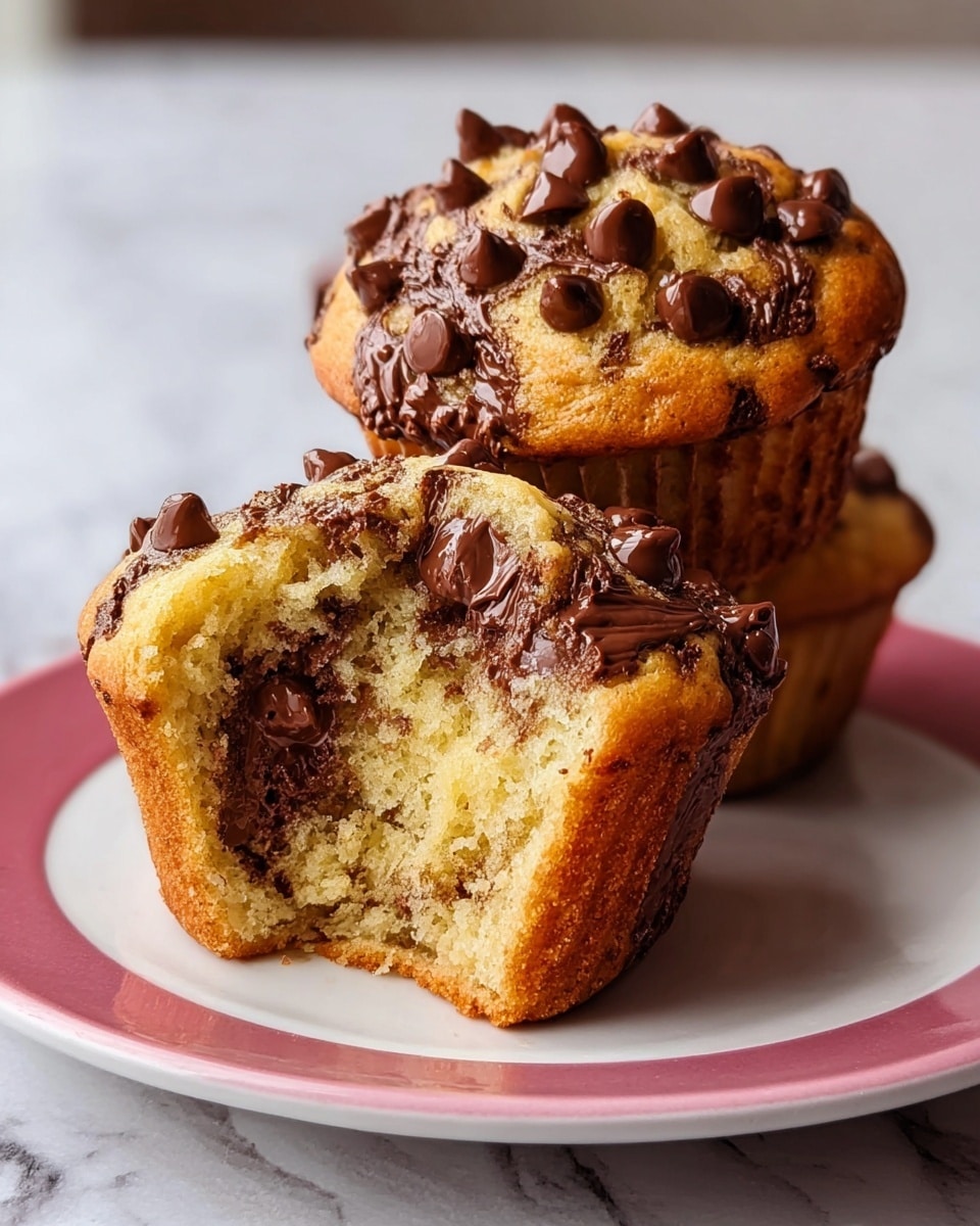 A close-up of two chocolate chip muffins on a white plate with a pink rim, sitting on a white marbled surface. One muffin is whole, showing a golden-brown top with many glossy chocolate chips melting slightly on the surface. The other muffin is cut in half and placed behind the whole muffin, revealing a soft, light yellow inside with swirls of melted chocolate running through it. The muffins have a crinkled, baked texture on the sides, with the chocolate chips adding a rich, dark contrast against the golden muffin base. photo taken with an iphone --ar 4:5 --v 7