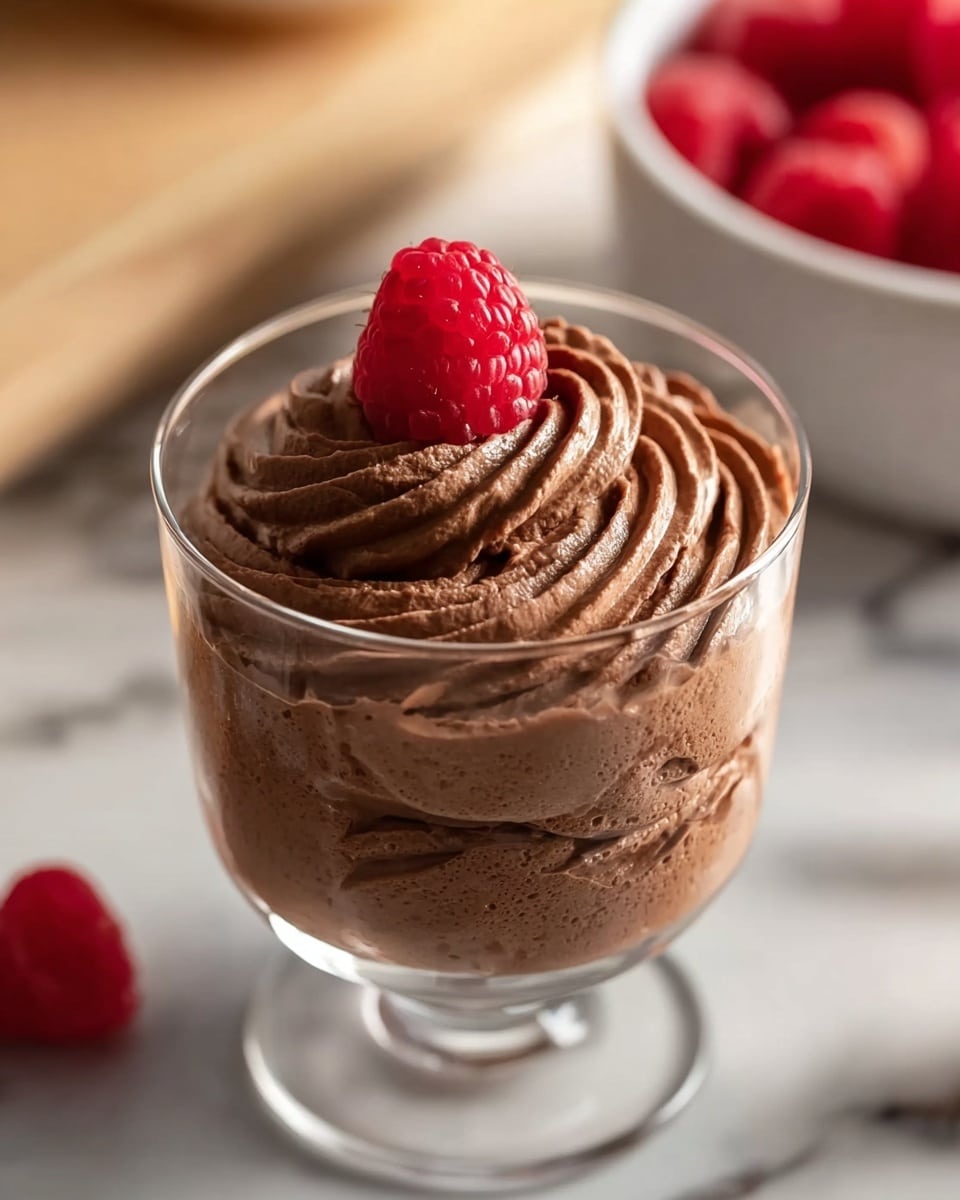 A clear glass filled with two thick layers of light and fluffy chocolate mousse swirled smoothly, topped with a single bright red raspberry on the edge. The mousse’s texture looks creamy and soft, with visible swirls on top. The glass is set against a white marbled surface with blurred background elements, including a white bowl of raspberries. Photo taken with an iphone --ar 4:5 --v 7