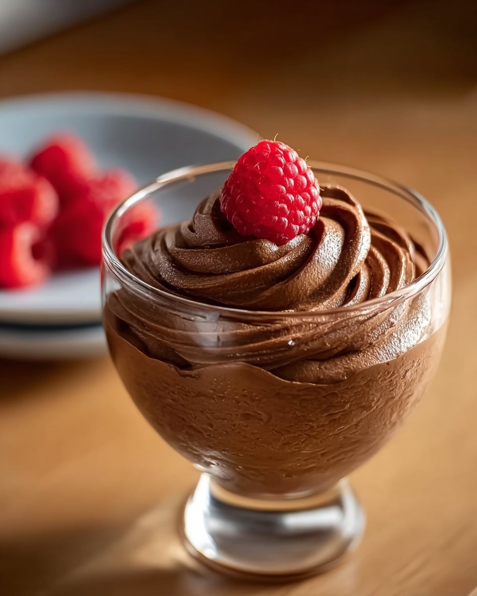 A clear glass cup filled with a smooth, dark brown chocolate mousse swirled in thick, soft peaks that almost reach the rim, topped with a single bright red raspberry placed slightly off-center. The glass sits on a wooden surface with a blurred white plate holding a few more raspberries in the background. The lighting highlights the mousse's creamy texture and the raspberry's bumpy surface, creating a warm and inviting mood. Photo taken with an iphone --ar 4:5 --v 7
