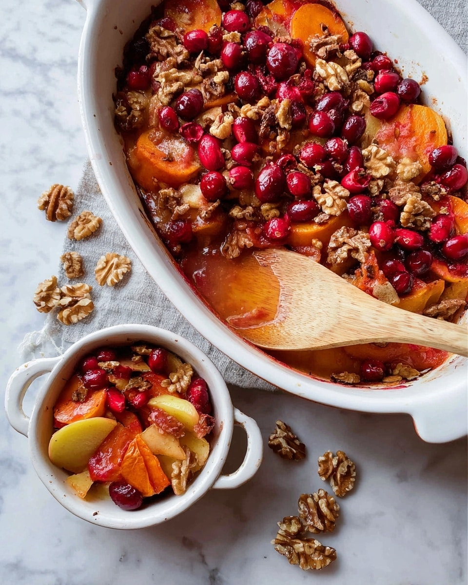 The image shows a white oval baking dish filled with a colorful baked fruit and nut mixture. The top layer is bright red cranberries scattered unevenly with chunks of brown walnuts. Beneath this layer, thin slices of orange sweet potatoes and pale yellow apple slices are visible, soft in texture and partially covered in a glossy sauce. A wooden spoon with some of the mixture rests inside the dish. Below and slightly to the right is a small white bowl with two handles, containing a smaller portion of the same dish, showing the distinct layers of cranberry, sweet potato, apple, and walnuts. Around the dish and bowl, walnut pieces and some cranberries are scattered on a white marbled surface. Photo taken with an iphone --ar 4:5 --v 7