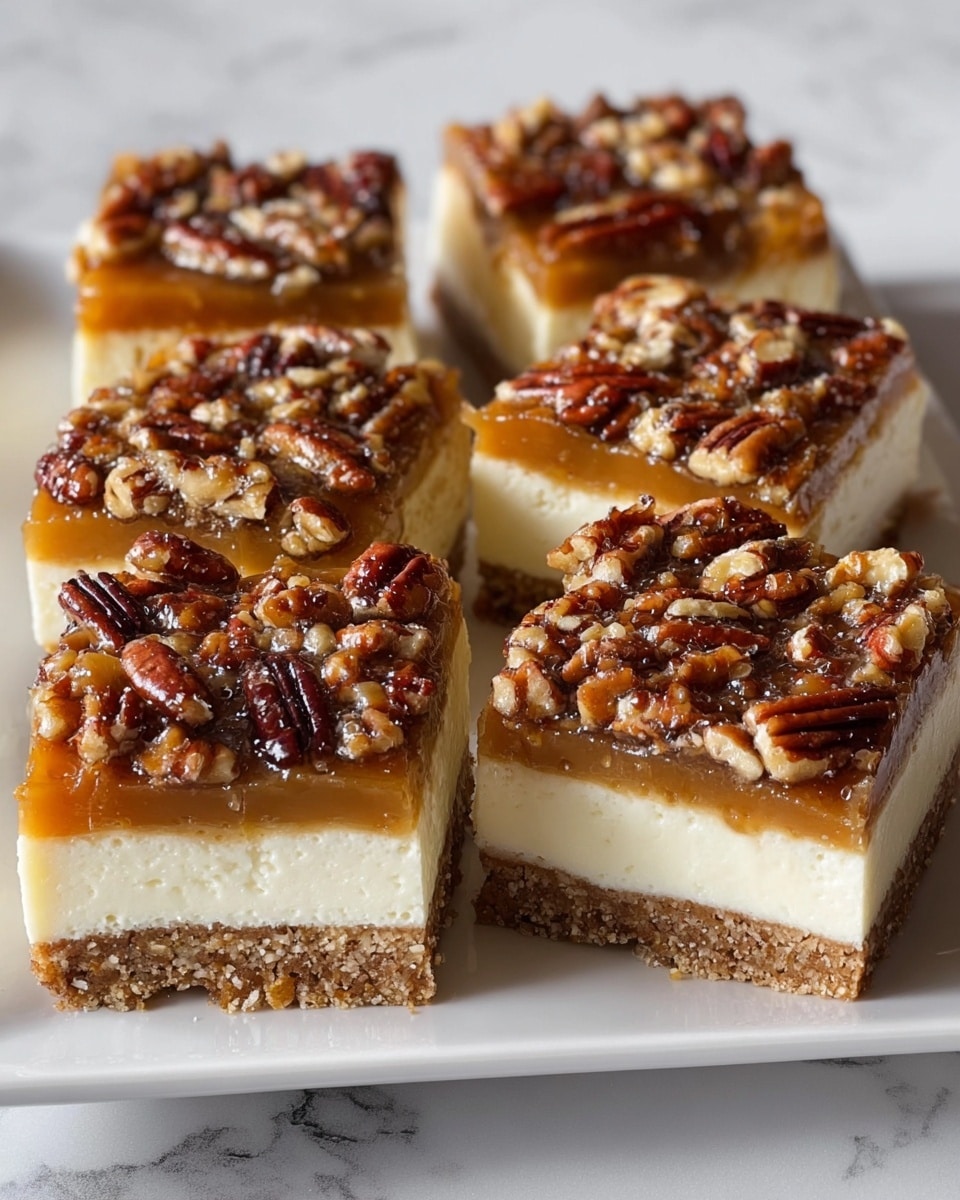 This image shows six square cheesecake bars arranged in two rows on a white plate, which is placed on a white marbled surface. Each bar has three layers: the bottom layer is a crumbly, light brown crust with a grainy texture; the middle layer is a thick, creamy white cheesecake filling, smooth and dense; the top layer is a glossy caramel pecan topping with whole and chopped pecans embedded, giving it a rough, crunchy texture. The bars are cut cleanly, showing distinct layers. Photo taken with an iphone --ar 4:5 --v 7