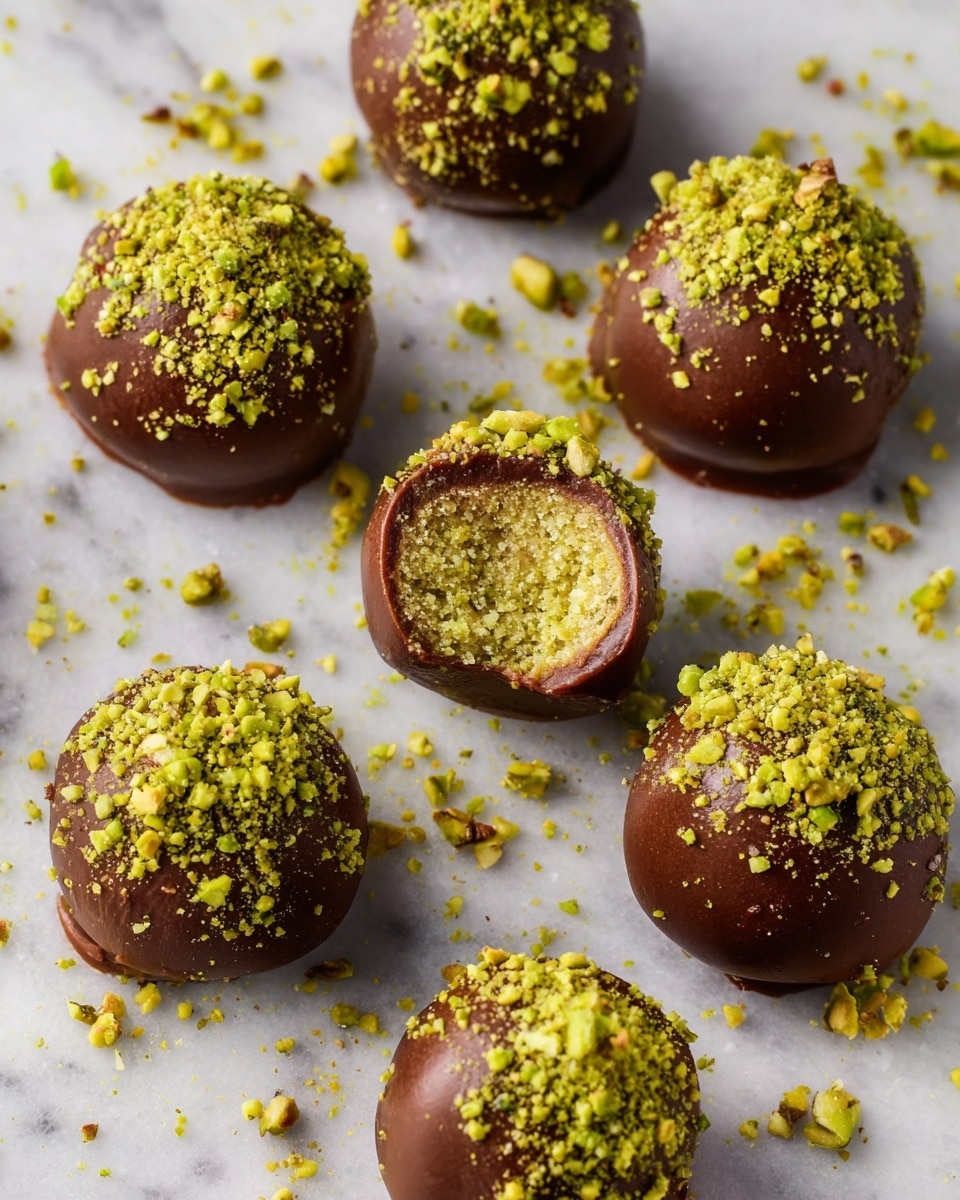 The image shows a group of round chocolate truffles arranged on a white marbled surface. Each truffle has a smooth, shiny dark brown chocolate outer layer covered with bright green crushed pistachio pieces on top. One truffle in the center is cut open, revealing a creamy, light green inside with a slightly coarse texture, surrounded by a thin chocolate shell. Small bits of pistachio are scattered around the truffles on the marble. The lighting highlights the glossy texture of the chocolate and the vibrant green of the pistachio topping photo taken with an iphone --ar 4:5 --v 7