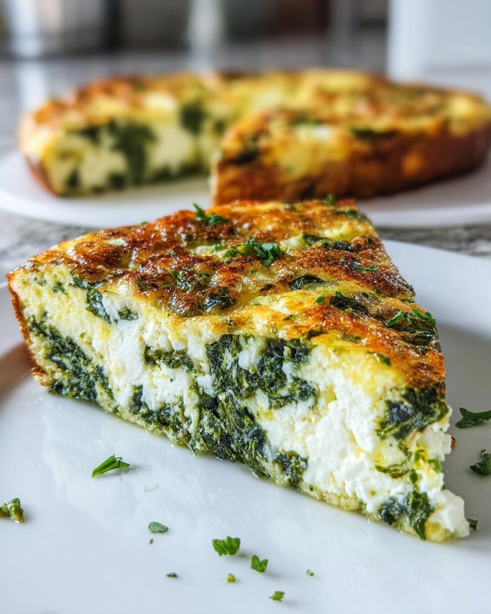 A close-up image of a spinach and cheese frittata slice placed on a white plate. The frittata has two main layers: a fluffy, soft white cheese layer mixed with bright green spinach, and a golden-brown cooked egg layer on top with a slightly crispy, textured surface. Small green herbs are sprinkled on top for garnish. The background shows a blurred kitchen setting on a white marbled surface. Photo taken with an iphone --ar 4:5 --v 7