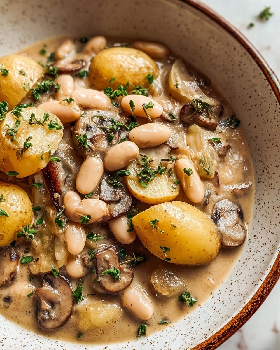 A close-up view of a thick soup in a white bowl with a speckled edge, showing layers of light brown broth filled with light yellow potato chunks with skin, light beige beans, sliced brown mushrooms, and small pieces of translucent cooked onions, all sprinkled with tiny bright green herb bits on top. The soup has a glossy surface with herbs and black pepper visible, creating a warm and hearty texture. Photo taken with an iphone --ar 4:5 --v 7