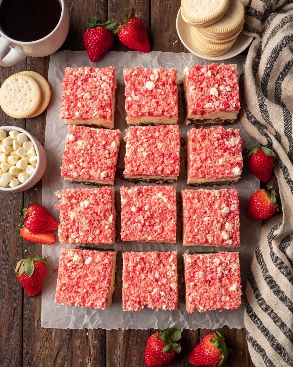 Twelve square dessert bars are arranged neatly in a 3 by 4 grid on white parchment paper over a white marbled texture. Each bar has a crumbly top layer made of crushed pink and light beige pieces, giving a textured and slightly rough look. Fresh strawberries, some whole and some half-cut, are placed around the bars on the white marbled surface. On the left side, there is a small white bowl with white chocolate chips, a cup of coffee in a white cup filled with frothy crema, and a cluster of round light beige sandwich cookies stacked and scattered. A beige cloth with dark stripes is gently folded on the right side of the frame. photo taken with an iphone --ar 4:5 --v 7