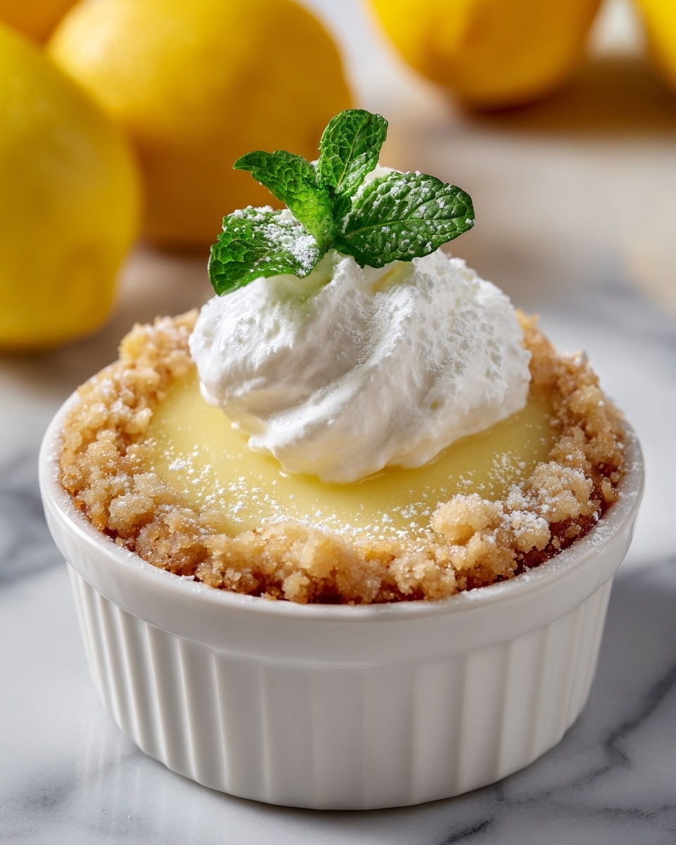 A close-up of a small white fluted bowl holding a dessert with three clear layers: the bottom layer is a smooth, glossy pale yellow filling; above it is a crumbly, golden-brown crust with a rough texture that partially covers the filling; the top layer is a dollop of white whipped cream dusted with powdered sugar and crowned with a small green mint leaf. The bowl is placed on a white marbled surface, with blurred yellow fruits in the background. photo taken with an iphone --ar 4:5 --v 7