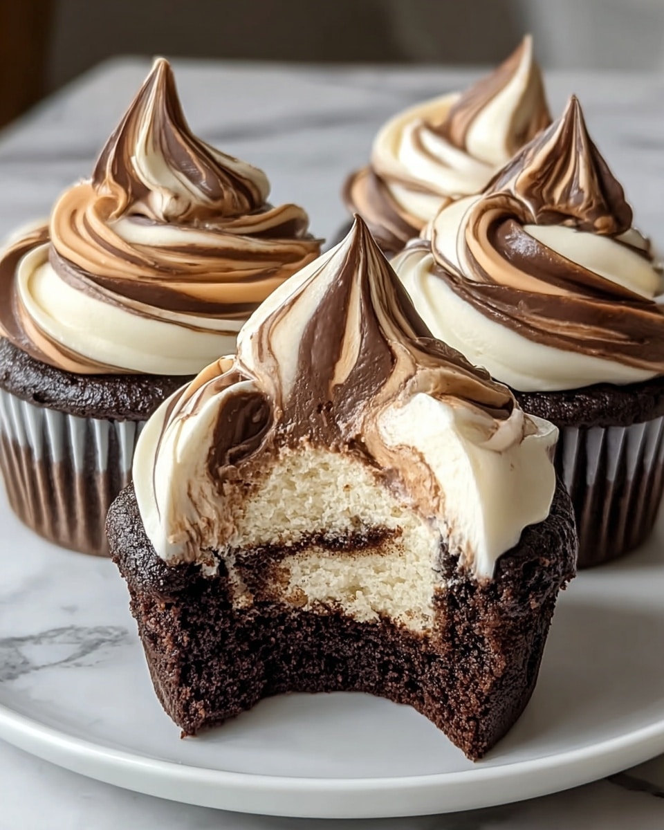 A close-up of three chocolate cupcakes with white and dark brown swirled frosting on top, placed on a white plate over a white marbled surface. Each cupcake has a dark chocolate base with a slightly rough texture. The frosting is thick and smooth with two colors mixed, white and dark brown, twisted together into a swirl that peaks sharply at the top. One cupcake in the front is cut in half, showing a creamy interior with white cream swirled with dark brown cream, matching the frosting on top. Photo taken with an iphone --ar 4:5 --v 7