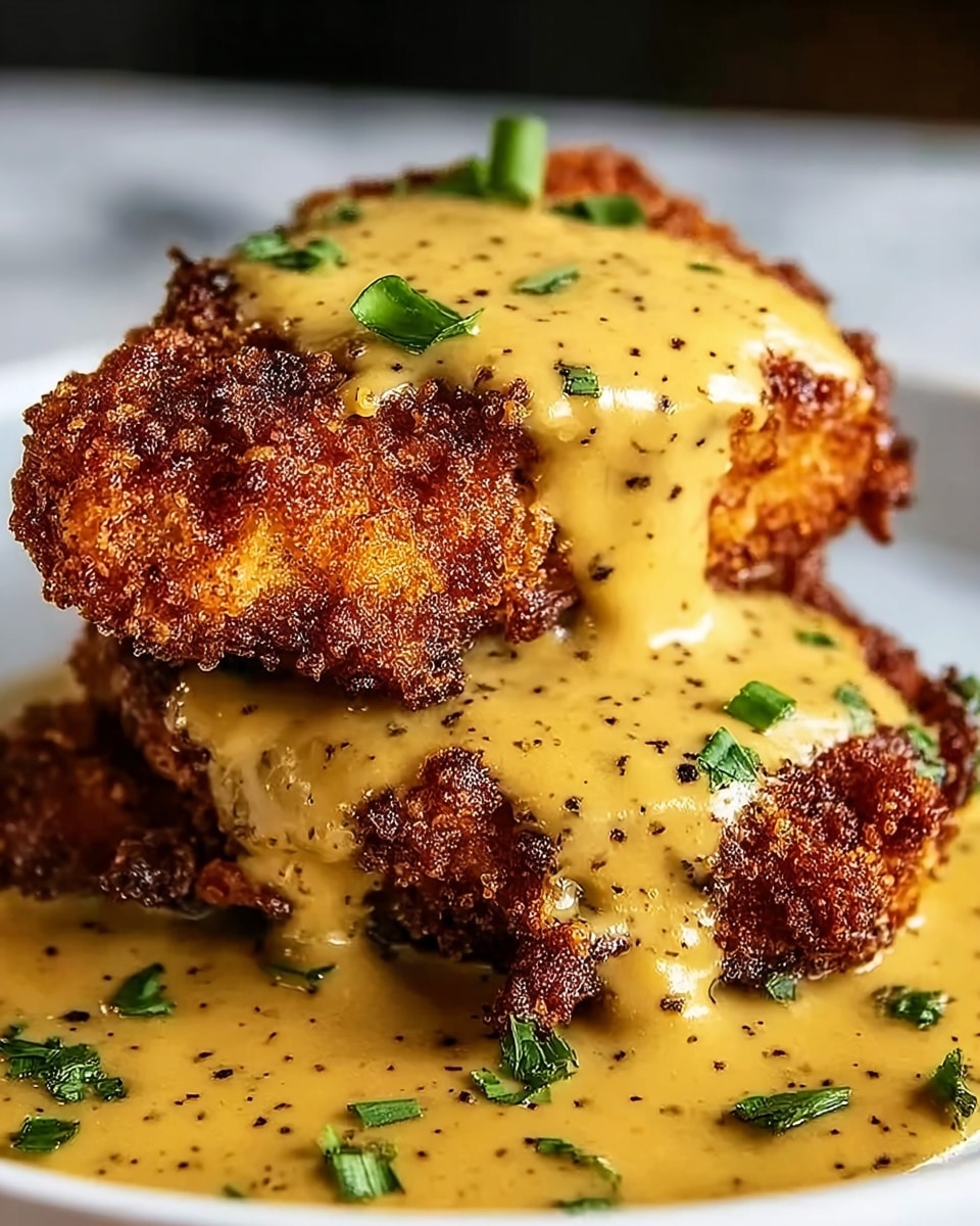 A close-up view of two thick, crispy fried chicken pieces stacked on top of each other, their golden-brown crust richly textured with crunchy edges. Covering the top and dripping down the sides is a smooth, creamy mustard-yellow sauce speckled with black pepper. Small pieces of green herbs are sprinkled on the sauce and around the chicken. The dish sits on a white plate against a white marbled surface. photo taken with an iphone --ar 4:5 --v 7