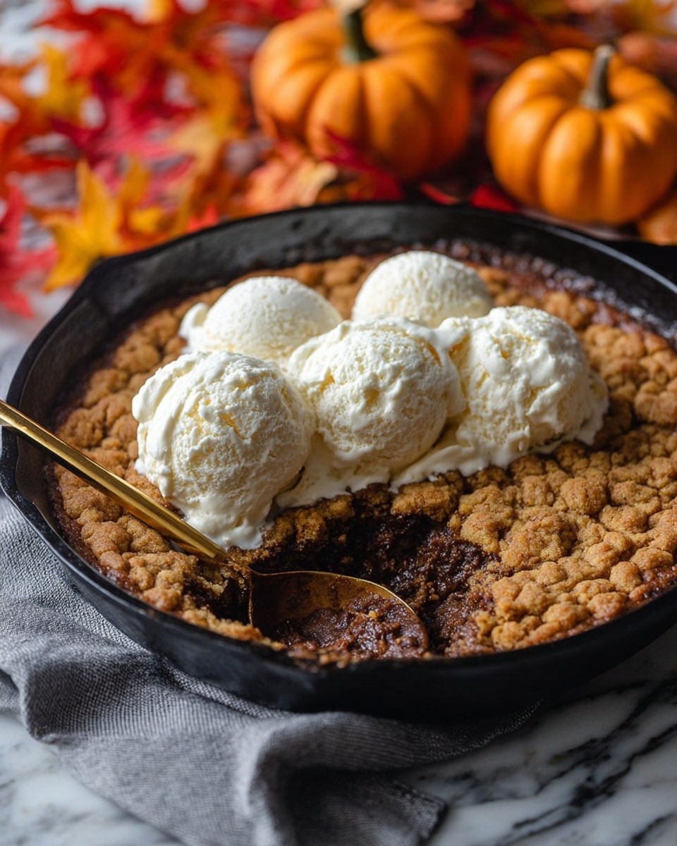 A round dessert in a black skillet with three scoops of creamy white ice cream melting slightly on top. The dessert has a crumbly, golden brown crust covering the entire pan, with a section scooped out to show a thick, moist, dark brown filling beneath the crust. A gold spoon is in the skillet, digging into the filling. The skillet sits on a gray cloth over a white marbled surface, with small orange pumpkins and colorful autumn leaves blurred in the background. Photo taken with an iphone --ar 4:5 --v 7
