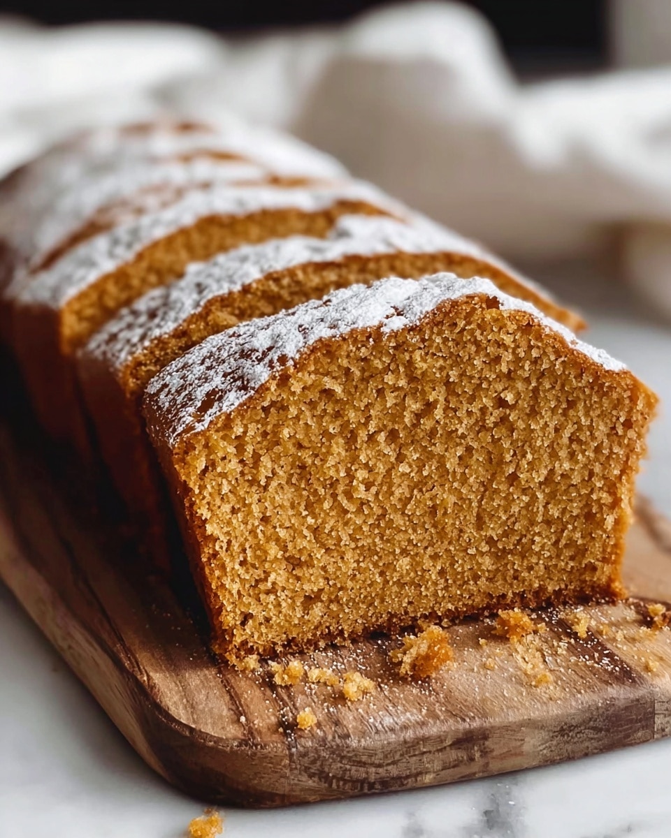 The image shows several slices of moist, golden-brown cake arranged in a row on a wooden board. The cake has a fine, even crumb texture with a slightly darker crust. A light dusting of white powdered sugar covers the top surface, adding a soft contrast to the warm brown color. The background is softly blurred, featuring a white cloth and a white marbled surface beneath the board. The focus is on the front slice, showing the detailed texture of the cake with crumbs scattered near the base. Photo taken with an iphone --ar 4:5 --v 7