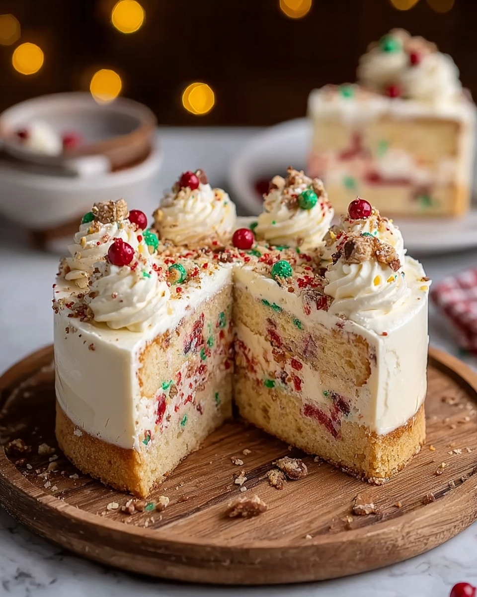 The image shows a two-layer cake on a round wooden board, with a slice cut out to reveal its inside. The bottom layer is a light beige cake base, and the middle layer is thick white cream with red and green candy bits mixed in. The top layer has smooth white frosting with three dollops of cream around the edge and is sprinkled with red, green, and brown crumbs and small candy balls. The background is a white marbled texture with blurred warm lights and a second cake in the distance. Photo taken with an iphone --ar 4:5 --v 7
