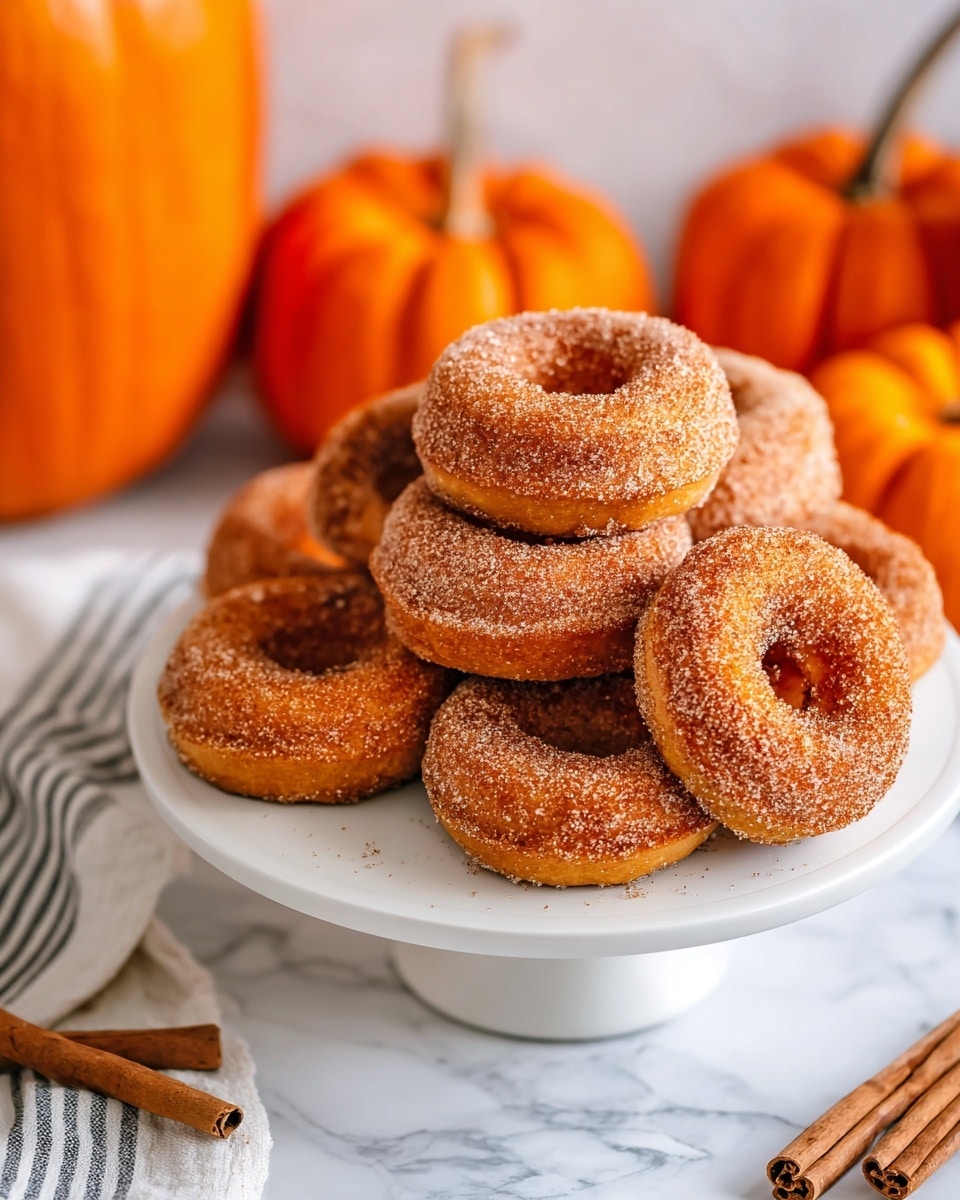 The image shows a white cake stand holding a stack of seven cinnamon sugar-coated donuts arranged in layers, with four donuts on the bottom layer and three on top. The donuts have a golden brown color with a grainy texture from the sugar and cinnamon coating. In the background, there are orange pumpkins and two cinnamon sticks lying on a white marbled surface, with a white cloth featuring thin black stripes partially visible on the left. The scene is brightly lit, highlighting the warm autumn colors and textures. photo taken with an iphone --ar 4:5 --v 7