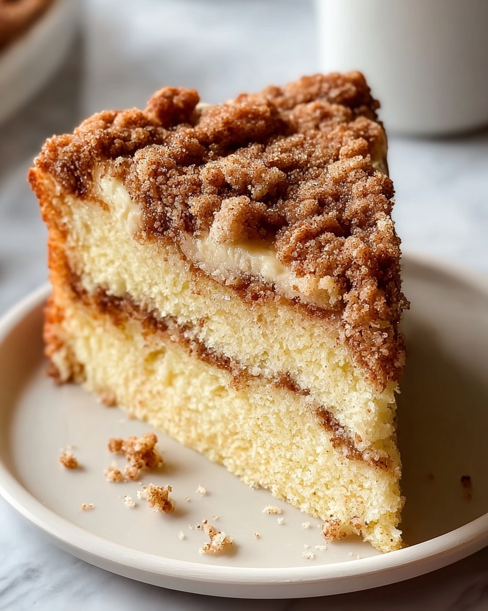This is a close-up of a thick slice of crumb cake placed on a white plate with a white marbled surface underneath. The cake slice has three visible layers: the bottom layer is a moist, pale yellow cake base with a soft texture; the middle layer has some creamy, slightly glossy filling peeking through; and the top layer is a thick, golden brown crumb topping with a coarse, grainy texture made up of large and small clusters dusted with cinnamon and sugar. Some crumbs have fallen from the topping onto the plate, adding to the rustic look. Photo taken with an iphone --ar 4:5 --v 7