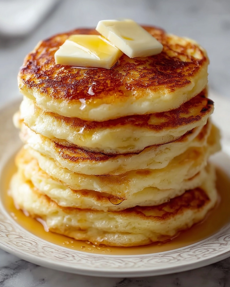A stack of six thick, fluffy pancakes with a golden-brown top layer that appears slightly crispy. The top pancake is adorned with two melting pieces of pale yellow butter and a drizzle of light amber syrup glistening on and around the pancakes. The stack sits on a white plate with a subtle decorative pattern around the edge, placed on a white marbled texture. The pancakes have soft, airy, and slightly uneven edges that show their homemade nature. Photo taken with an iphone --ar 4:5 --v 7