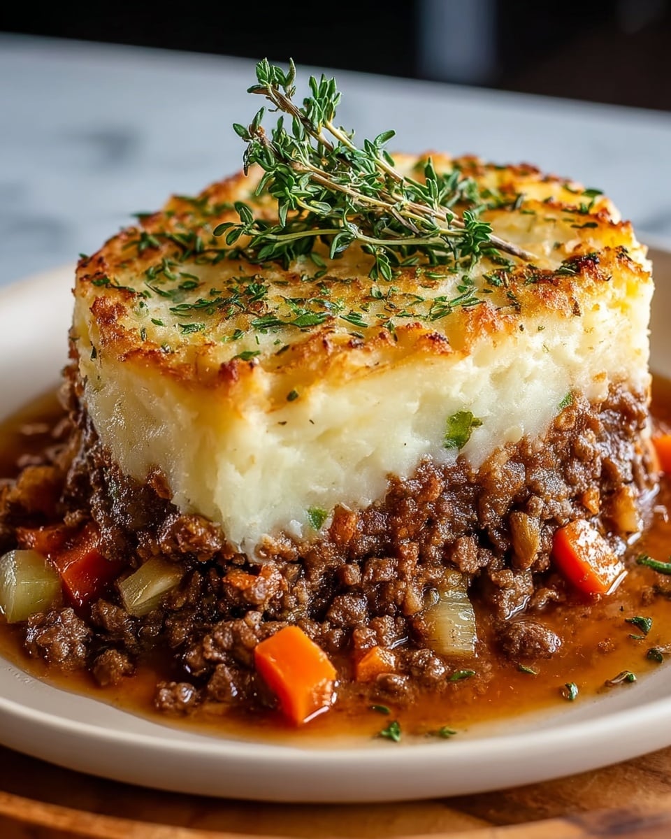 A round, thick serving of shepherd's pie sits on a white plate with visible layers: the bottom layer is a dark brown, juicy ground beef mix with small pieces of orange carrot and pale celery in a glossy sauce, the middle layer is a smooth, creamy mashed potato that is light off-white with a few small herbs mixed in, and the top layer is a golden brown, slightly crispy mashed potato crust sprinkled with fresh green herbs, crowned with a small bunch of fresh thyme on top. The plate rests on a white marbled surface. photo taken with an iphone --ar 4:5 --v 7