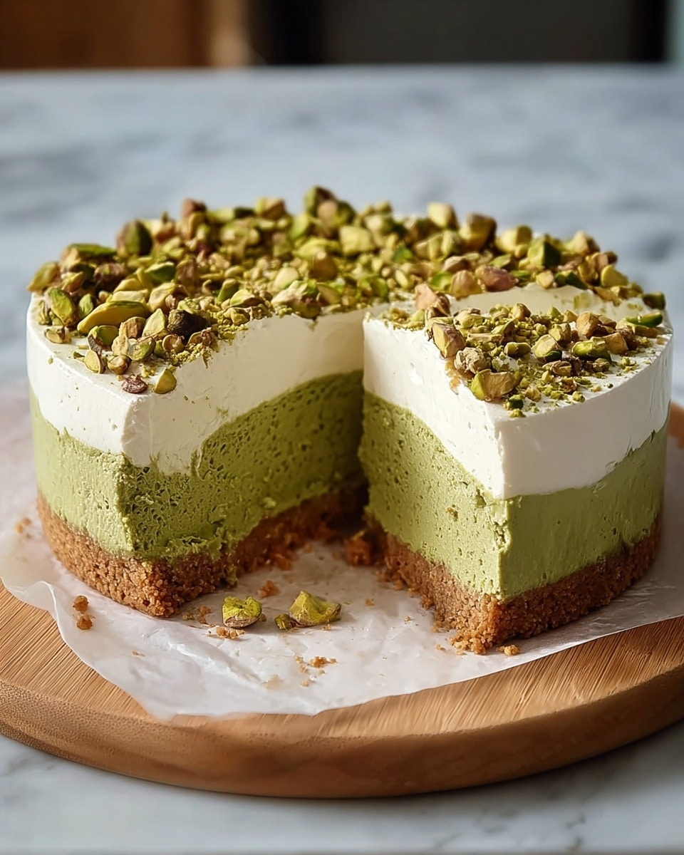 A round cake with three visible layers sits on a wooden board covered with white parchment paper, on a white marbled surface. The bottom layer is a thick, crumbly brown crust that holds the cake together. Above is a dense, smooth green layer that looks like matcha or pistachio-flavored cheesecake. Next is a thick, soft white layer of cream or whipped topping. The top of the cake is covered with crushed green pistachio nuts scattered unevenly. A large slice is cut out, showing the clear layers and crumbly sides of the cake. Photo taken with an iphone --ar 4:5 --v 7