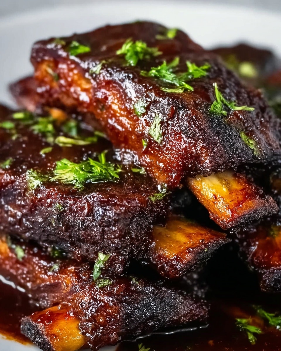 The image shows a close-up of several dark brown ribs stacked on a white plate, each rib covered in a thick, shiny glaze that makes the meat look sticky and rich. The ribs have a slightly charred texture, giving them a deep, crispy crust, and they are garnished with small pieces of fresh, bright green herbs scattered on top. The ribs are positioned in layers, with the bones sticking out and the meaty parts overlapping each other, creating a dense and juicy appearance. The background is a smooth white marbled texture. photo taken with an iphone --ar 4:5 --v 7