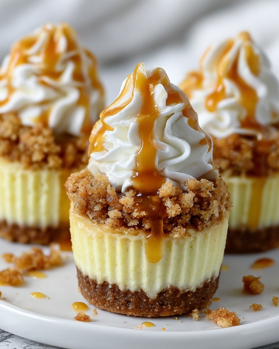 A close-up of mini cheesecakes on a white plate with a white marbled texture background, each with three visible layers: a crumbly, brown base made of crushed cookies, a smooth, pale yellow cheesecake layer in the middle, and a crunchy, golden brown crumb topping on top. Each mini cheesecake is crowned with a swirl of white whipped cream, drizzled with amber-colored caramel sauce that lightly drips down the whipped cream and crumb topping. Small crumbs and caramel drops are scattered around the plate, adding texture to the scene. Photo taken with an iphone --ar 4:5 --v 7