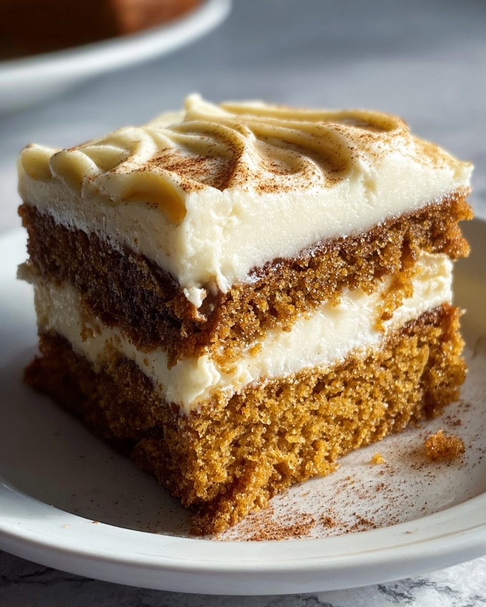 A close-up view of a slice of layered cake on a white plate, placed on a white marbled textured surface. The cake has three visible layers; the bottom and middle layers are moist, dense, and golden-brown with a slightly crumbly texture, while the middle layer is slightly thinner and lighter. Between these two brown layers, there is a thick, creamy, off-white frosting. The top layer is a thick, smooth, and rich cream frosting with gentle swirls and a light dusting of cinnamon or spice powder. The slice is cut cleanly, showing distinct separation between all layers. Photo taken with an iphone --ar 4:5 --v 7