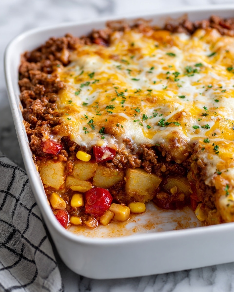 The dish is a close-up view of a casserole in a white rectangular baking dish filled with multiple layers of food. The bottom layer has small light brown beans mixed with diced red tomatoes and corn, surrounded by chunks of soft yellow potatoes. Above that is a thick layer of cooked ground beef with a crumbly texture, covering most of the dish. On top, there is a melted cheese layer showing white and yellow patches, slightly browned in spots, sprinkled with small green herb bits for garnish. The cheese melts over the beef and potatoes giving a creamy, textured look. The dish rests on a white marbled surface with a small part of a checked cloth visible nearby. Photo taken with an iphone --ar 4:5 --v 7