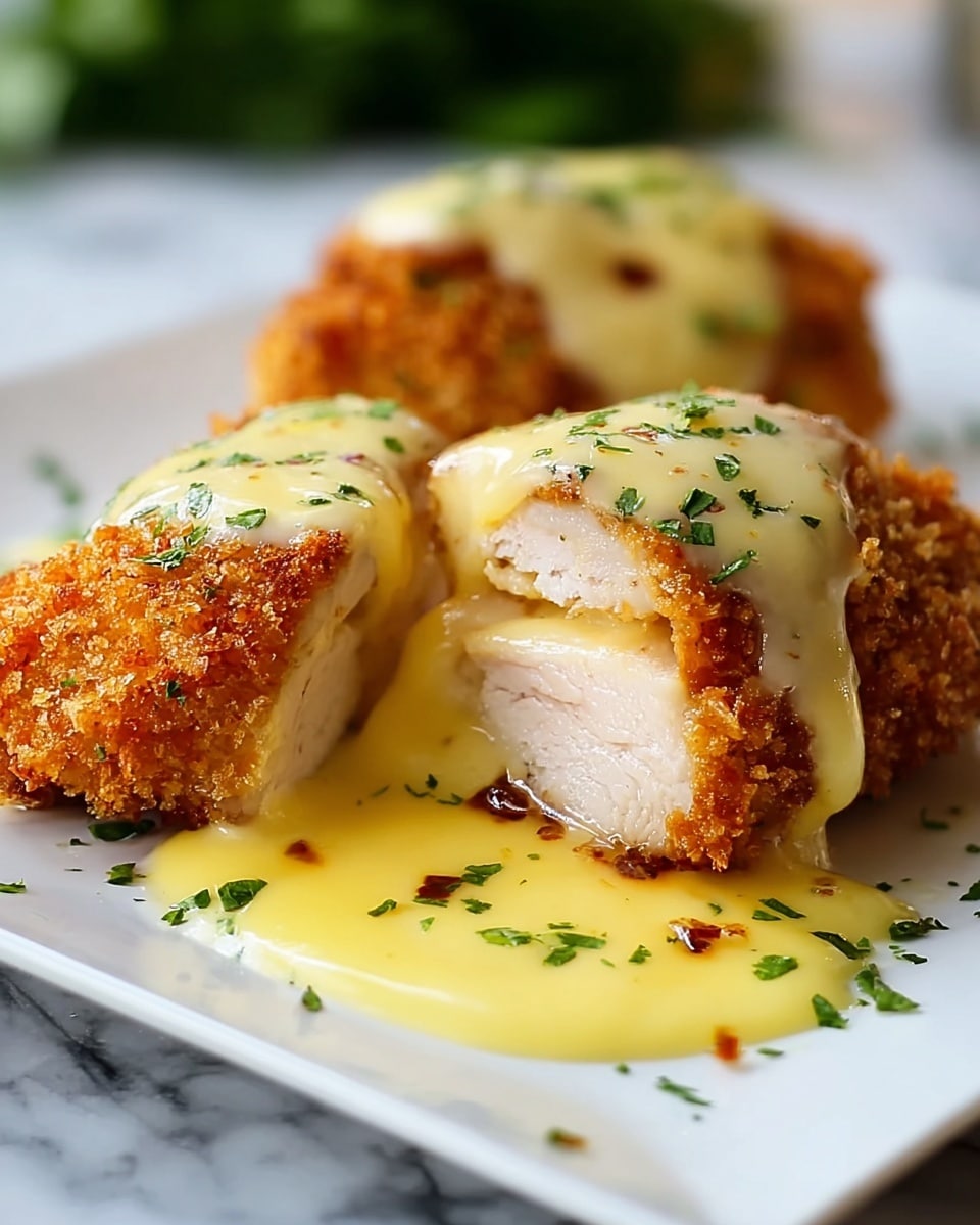 Two pieces of golden-brown breaded chicken roll-ups are placed on a white plate over a white marbled texture. Each chicken roll has three visible layers: the outer crispy, crunchy breaded coating in a deep golden color; the middle layer of tender white cooked chicken breast; and the inner melted yellow cheese filling oozing out slightly. A creamy pale yellow cheese sauce pools under and around the chicken rolls, with small chopped green parsley sprinkled on top and over the sauce for a fresh color contrast. The texture is a mix of crunchy, smooth, and gooey. Photo taken with an iphone --ar 4:5 --v 7
