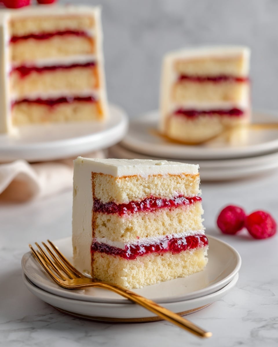A close-up view of a small square piece of white sponge cake on a gold fork, showing two layers of soft white cake separated by a thick layer of bright red raspberry jam and a thin layer of creamy white frosting underneath the jam. In the background, three slices of a layered cake sit on stacked white plates, each slice showing three layers of light white cake with two layers of the same red jam inside, all covered in a smooth white frosting. A single fresh raspberry is visible near the fork on a white marbled surface. photo taken with an iphone --ar 4:5 --v 7