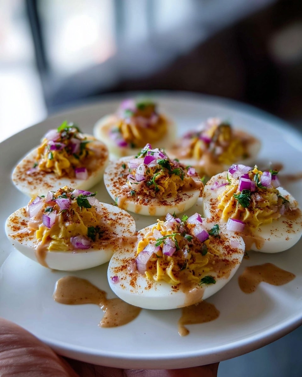 A white plate holds eight halved boiled eggs filled with three layers each: the smooth white egg base, a creamy yellow egg yolk mixture piped or spooned in the center, and a final topping of small purple onion pieces, green herbs, and a dusting of reddish-brown spice. A light brown sauce is drizzled over the top, some running down the sides of the eggs, adding a slightly glossy texture. The shot is close-up with a blurred indoor background and a woman's hand holding the plate from the bottom left corner. Photo taken with an iphone --ar 4:5 --v 7