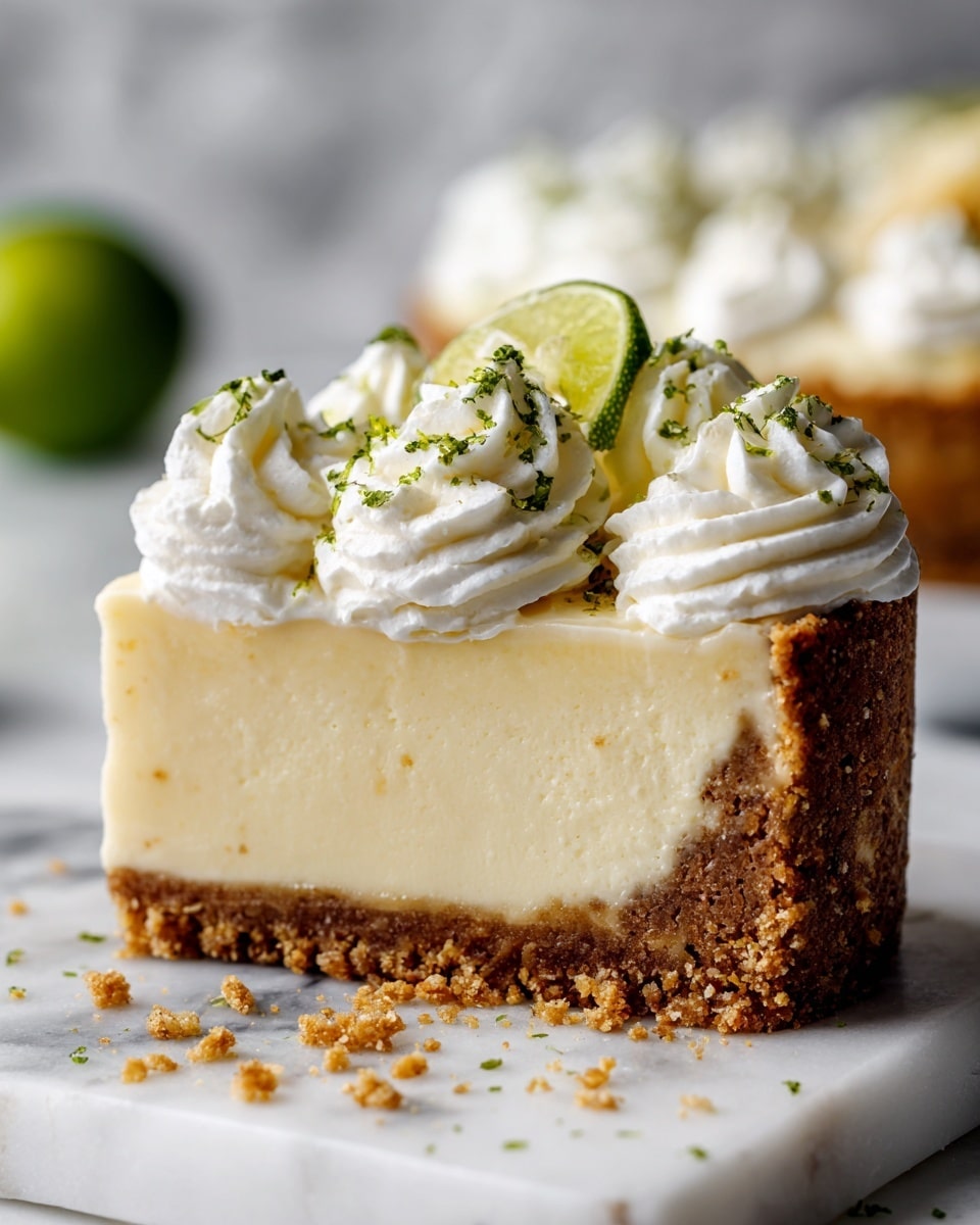 The image shows a close-up of a pie with three layers: a thick, crumbly brown crust at the bottom, a smooth, creamy light yellow filling in the middle, and a top layer of fluffy white whipped cream decorated with small swirls, sprinkled with green lime zest. Some crumbs are scattered around the base on a white marbled surface, and a blurred lime is in the background. photo taken with an iphone --ar 4:5 --v 7