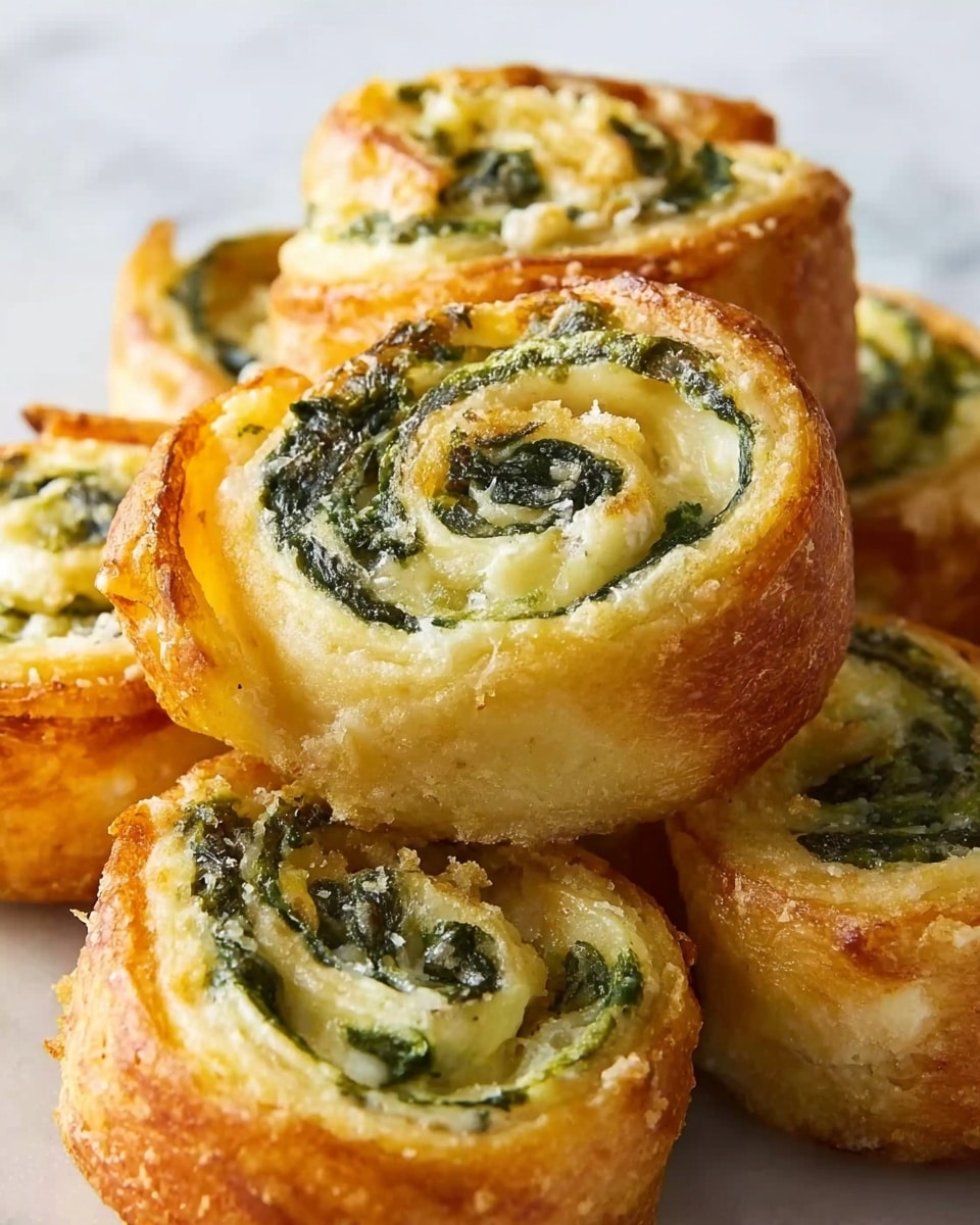 The image shows several spiral-shaped rolls stacked closely together, each with three visible layers. The outer layer is golden brown and crispy, showing a light, crunchy texture. Inside, there is a creamy, pale yellow layer and dark green leafy vegetables that form a visible swirl pattern, alternating with the creamy filling. The rolls have a slightly rough surface with some crumbly edges where the golden crust is breaking. The background is a white marbled texture. Photo taken with an iphone --ar 4:5 --v 7