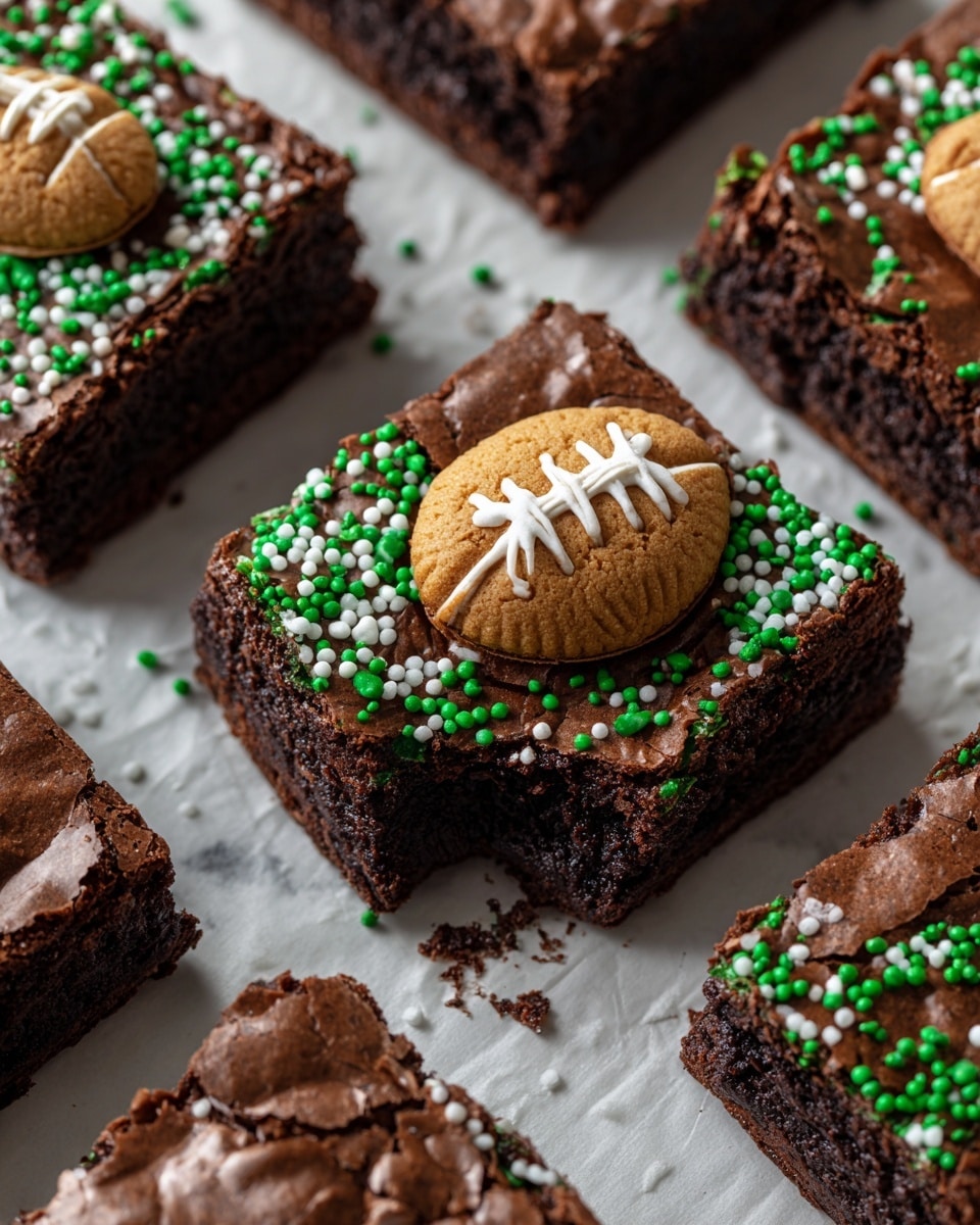The image shows several rectangular chocolate brownies placed on white parchment paper over a white marbled surface. Each brownie is topped with a single round cookie decorated like a football, in brown and tan colors. Around the football cookies, there are green and white sprinkles scattered on the brownies. The brownies have a cracked, glossy chocolate top layer and a dense, moist interior layer. One brownie is broken to show the dark chocolate inside. Photo taken with an iphone --ar 4:5 --v 7