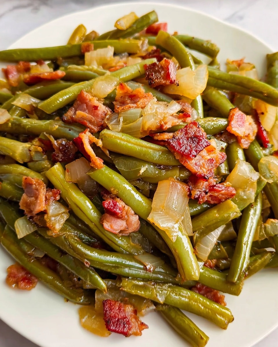 The image shows a close-up of cooked green beans mixed with small pieces of browned bacon and translucent cooked onion chunks. The green beans are soft and glossy, with a green color that varies from light to medium shades. The bacon pieces are scattered throughout, showing crispy edges and a reddish-brown color. The onion pieces are soft and pale yellow, mixed well with the vegetables and bacon. All the ingredients sit on a white plate, with the background as a white marbled surface. Photo taken with an iphone --ar 4:5 --v 7