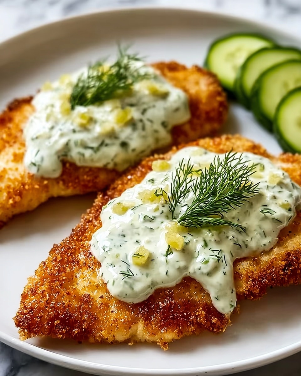 Two golden brown crispy fried fish fillets lie side by side on a white plate, each topped with a thick layer of creamy white sauce speckled with green dill and small yellow pieces. A fresh sprig of dill sits on top of each sauce layer, adding a touch of green contrast. Three green cucumber slices are placed neatly in the upper right corner of the plate. The background is a white marbled texture, emphasizing the colors and textures of the dish. photo taken with an iphone --ar 4:5 --v 7