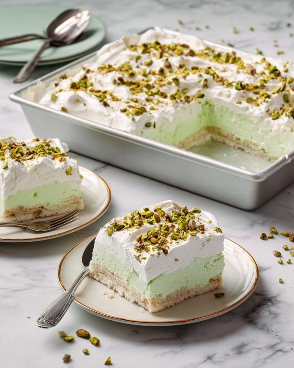 The image shows a dessert with three visible layers in a rectangular baking pan and two square pieces served on white plates. The bottom layer is light beige and looks like a soft cake or crust. The middle layer is pale green with a smooth, creamy texture. The top layer is thick, white, and fluffy like whipped cream. Crushed green pistachio nuts are sprinkled on top across all pieces. The dessert is placed on a white marbled surface with a silver fork next to one plate and a silver serving fork inside the pan. The soft lighting highlights the creamy textures and nutty topping, creating a fresh and inviting look. Photo taken with an iphone --ar 4:5 --v 7