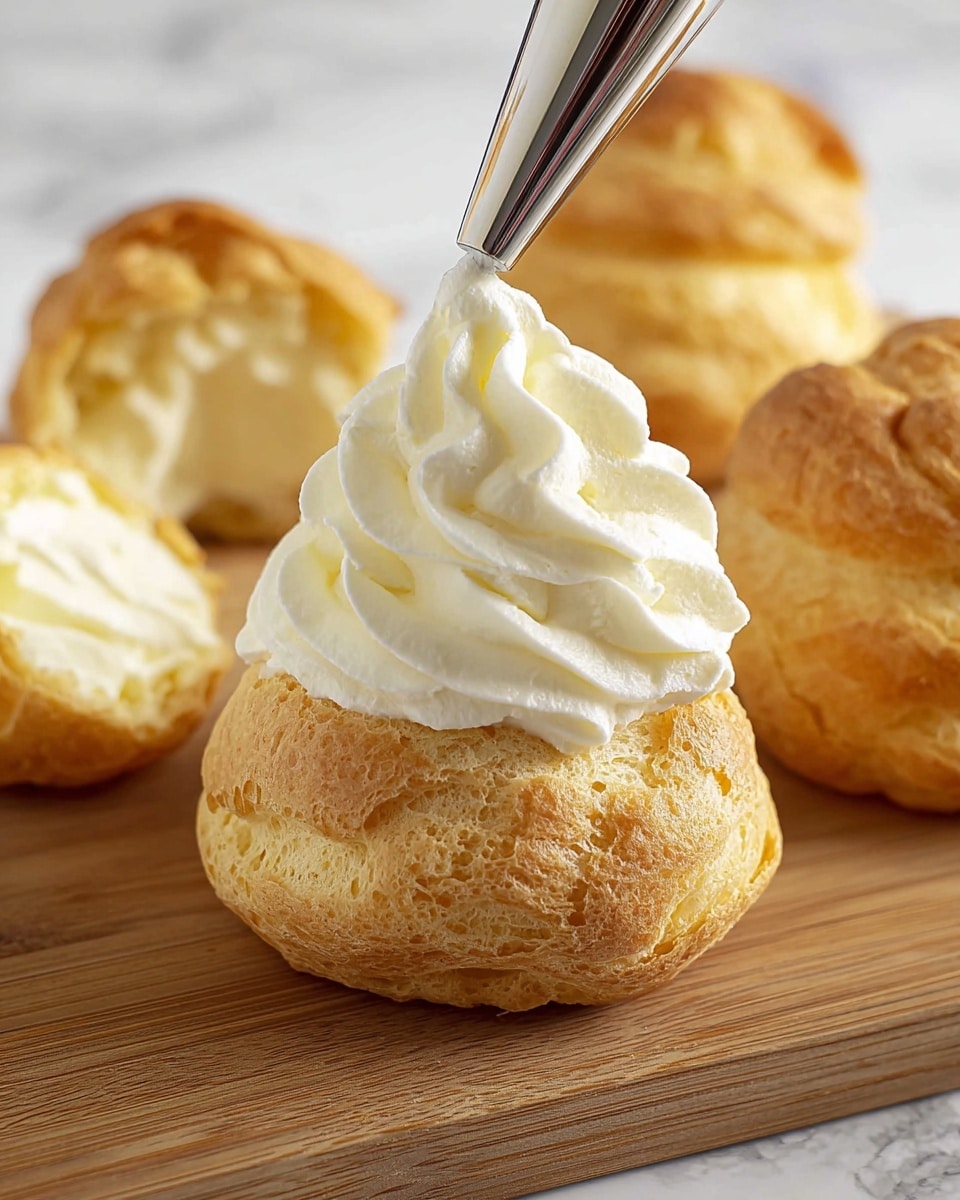A close-up view shows a single golden-brown cream puff with a fluffy, uneven surface lying on a wooden board. On top of this puff, a thick, smooth white cream is being piped in a swirling motion, forming a ruffled, flower-like shape with visible folds and ridges. In the background, there are three more cream puffs with a similar golden-brown texture, one of which is broken in half to reveal a hollow inside. The overall scene is set against a white marbled surface. Photo taken with an iphone --ar 4:5 --v 7