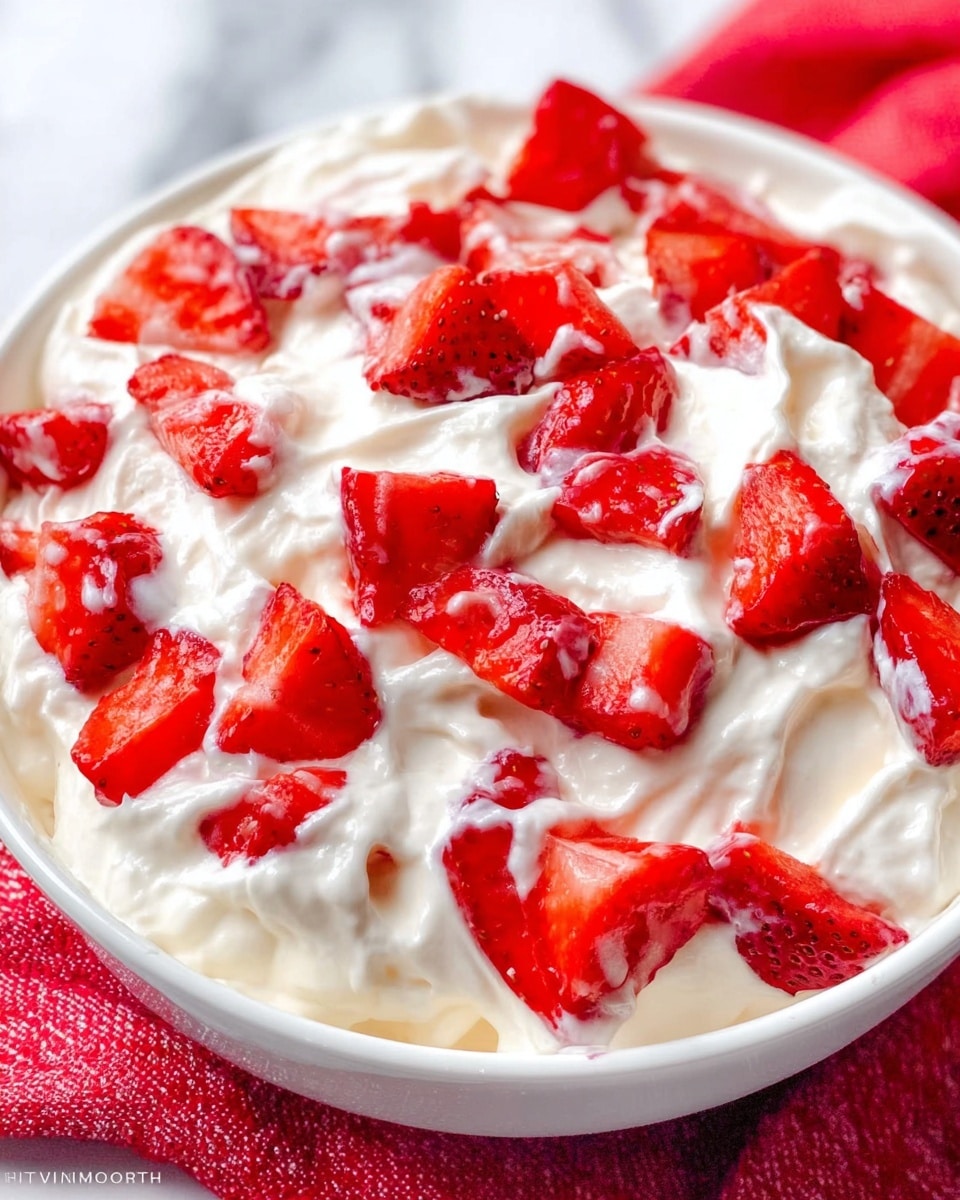 A close-up view of a white bowl filled with creamy, smooth white whipped cream mixed with bright red sliced strawberries. The dish has a soft texture from the cream, with juicy strawberry pieces spread evenly on the top and inside. The bowl is placed on a white marbled surface with a hint of a red cloth underneath. The colors are fresh and vibrant, mainly white and red, showing a light, fluffy dessert that looks sweet and fresh. photo taken with an iphone --ar 4:5 --v 7