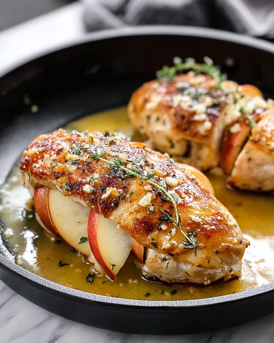The image shows two cooked chicken breasts with golden brown, crispy skin on top. Each chicken breast is sliced open to reveal two thin slices of red apple in the middle. On top of the skin, there is a layer of melted, slightly browned cheese with a few small green herb leaves as garnish. The chicken breasts rest in a shallow pool of glossy sauce on a round white plate with a slight shine, all set against a white marbled texture surface. The whole dish appears warm and juicy with visible texture on the chicken skin and apple slices. photo taken with an iphone --ar 4:5 --v 7