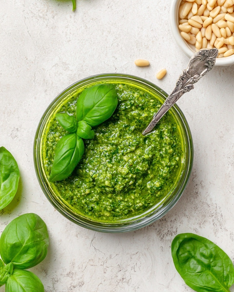 A clear round glass bowl filled with bright green pesto sauce that has a slightly chunky texture, topped with two fresh basil leaves placed on one side. A silver spoon with an ornate handle rests inside the bowl, partly dipped in the pesto. Surrounding the bowl are a few loose spinach leaves and a small white bowl filled with light beige pine nuts on a white marbled surface. The overall colors are natural and fresh with green and beige tones. Photo taken with an iphone --ar 4:5 --v 7