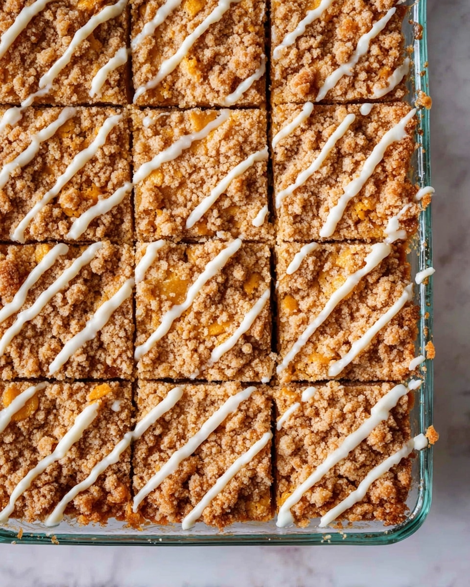 A glass baking dish filled with a dessert cut into square pieces, each piece showing a thick crumbly layer on top with a golden brown color and some darker baked spots; the crumb layer looks crunchy and uneven with small clumps scattered across the surface; thin white icing is drizzled in diagonal lines evenly across the entire top, adding contrast; the dish is placed on a white marbled textured surface. photo taken with an iphone --ar 4:5 --v 7