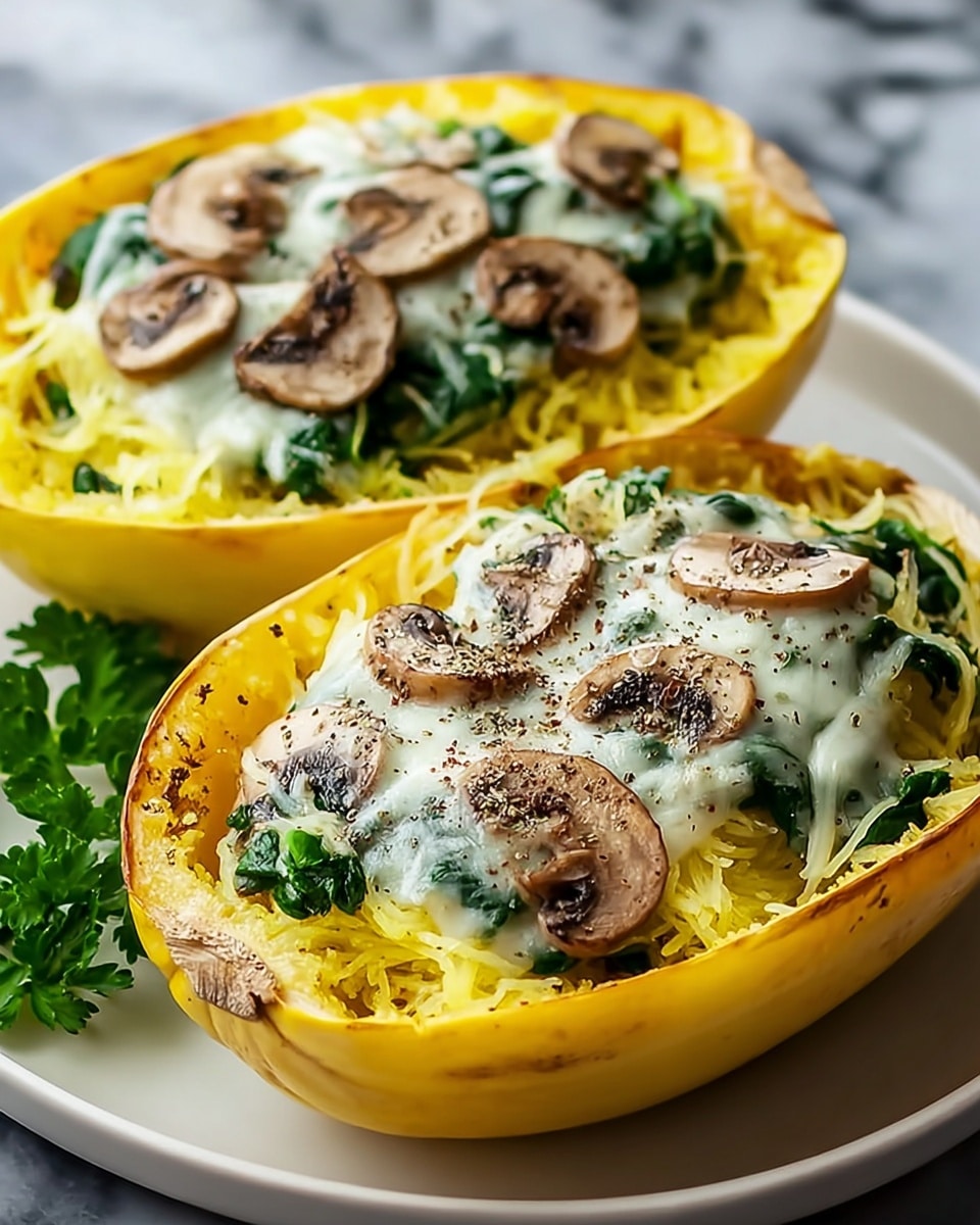 The image shows two halves of yellow spaghetti squash filled with three layers: the bottom layer of yellow squash strands, the middle layer of cooked green spinach leaves, and the top layer of melted white cheese sprinkled with slices of brown mushrooms and black pepper. Each half is placed on a white plate, with some green parsley on the side and a white marbled texture surface underneath. Photo taken with an iphone --ar 4:5 --v 7