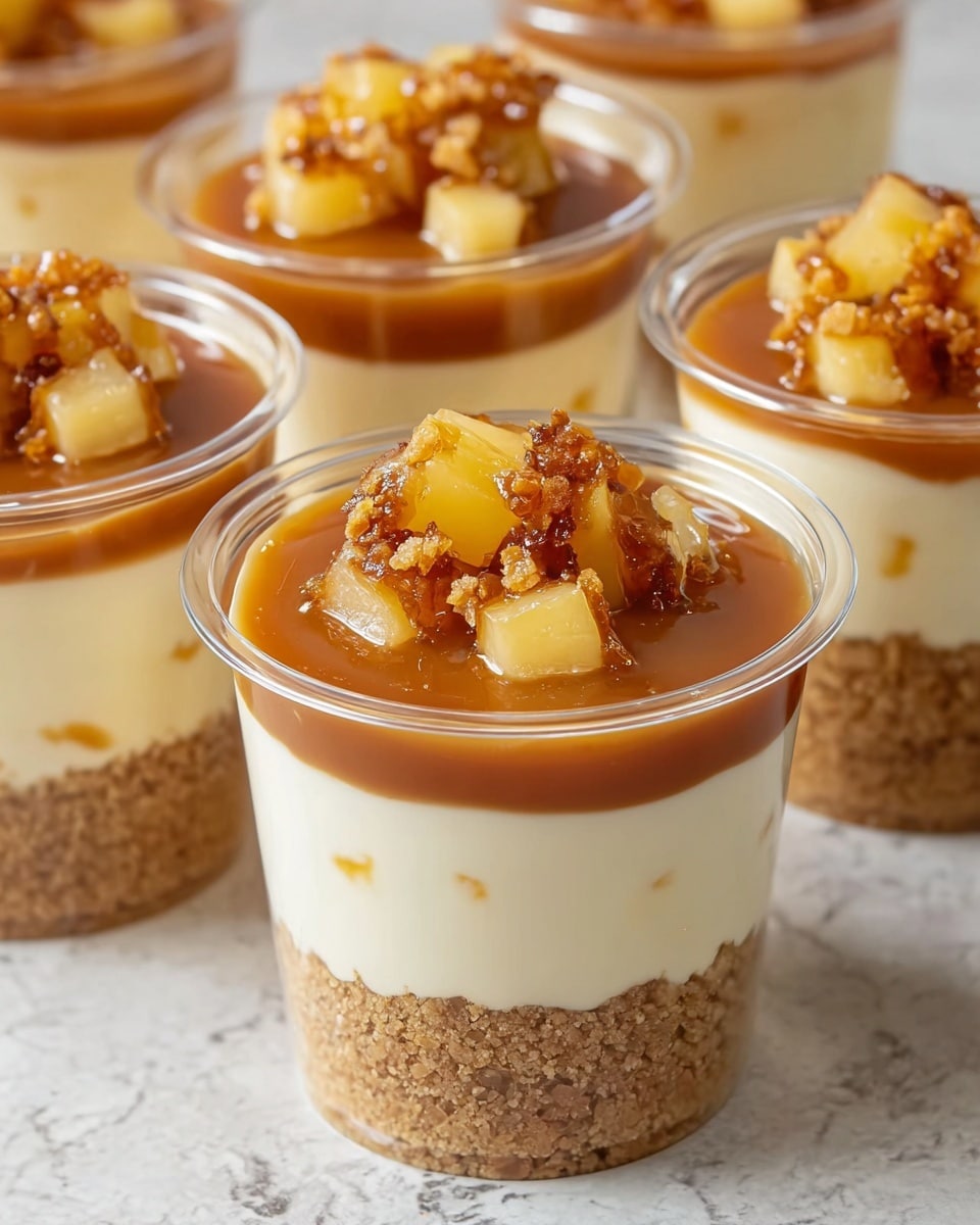 The image shows clear cups filled with a layered dessert placed on a white marbled surface. Each cup has four layers: a crumbly light brown base at the bottom, followed by a thick off-white creamy layer with small yellow bits inside, then a smooth glossy caramel-colored layer, and topped with shiny, diced pale yellow fruit pieces and some small caramelized brown bits scattered on top. The cups are close together, filling most of the frame, with a slight focus on the front cup. Photo taken with an iphone --ar 4:5 --v 7