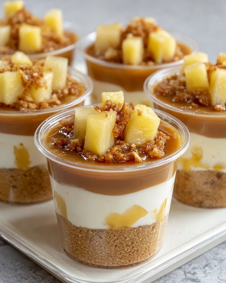 The image shows layered dessert cups with a total of four layers in clear plastic cups. The bottom layer is a light brown crumbly base with a coarse texture. Above that is a thick creamy white layer with some yellow patches. The third layer is a smooth, shiny caramel-colored topping spread evenly. On top of this caramel layer, there are small cubes of yellow fruit, likely pineapple, with a glossy look, and small bits of a crunchy, caramelized brown topping scattered over and around the fruit. The cups are placed on a tray with a white marbled texture surface in soft natural light. Photo taken with an iphone --ar 4:5 --v 7