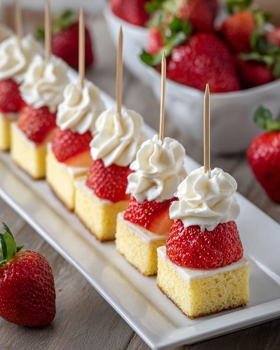 A row of bite-sized snacks on a long white rectangular plate rests on a white marbled surface; each snack is made of three layers: a bottom layer of yellow sponge cake cube with a light brown edge, a middle layer of a bright red strawberry standing upright with visible seeds and green leaves mostly removed, and a top layer of white whipped cream swirled smoothly, all pierced by a wooden skewer holding them together. In the background, whole fresh strawberries and a small white bowl filled with strawberries are softly out of focus. Photo taken with an iphone --ar 4:5 --v 7