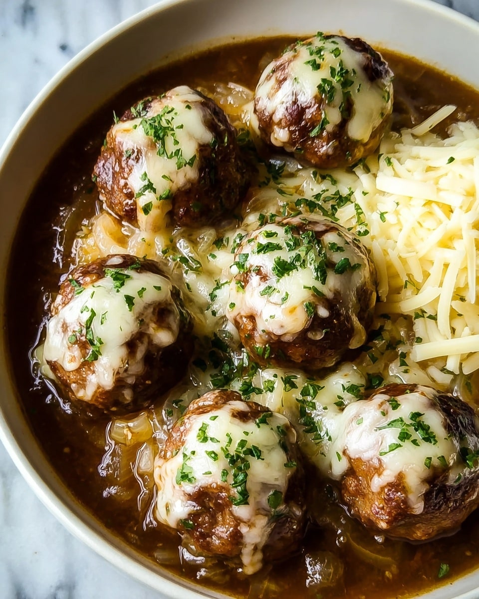 The image shows five brown meatballs covered with melted white cheese on top, sprinkled with small green parsley pieces. The meatballs sit in a thick brown sauce with visible slices of cooked onions around the edges. The dish is served in a white bowl, placed on a white marbled textured surface. The close-up shot highlights the juicy texture of the meatballs and the gooey cheese melting over them, creating a warm and appetizing look. photo taken with an iphone --ar 4:5 --v 7