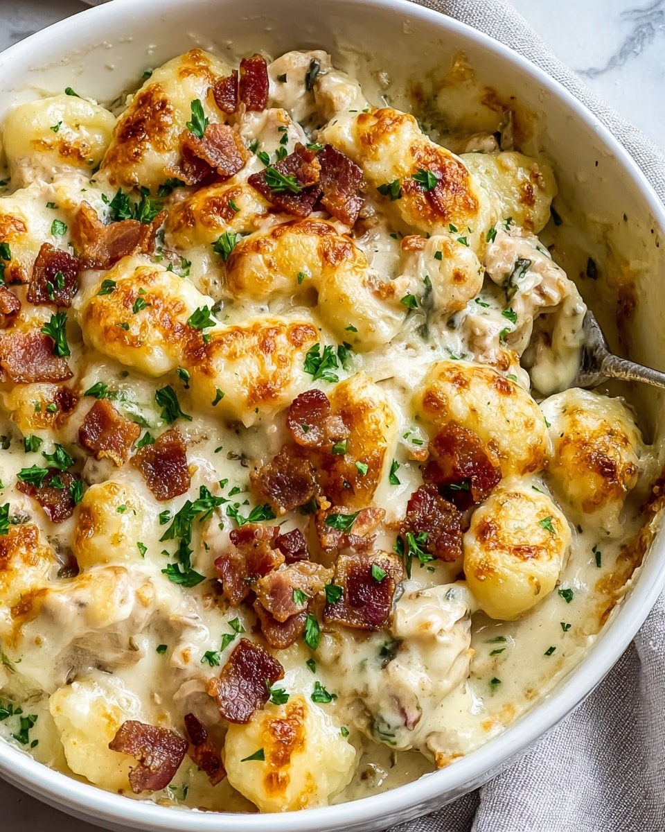 A close-up view of a creamy gnocchi dish in a white bowl, showing soft, round gnocchi pieces covered in a thick, melted cheese sauce with browned, bubbly spots on top. Small pieces of crispy brown bacon are scattered over the top, adding a crunchy texture. Bits of fresh green parsley are sprinkled throughout, giving a pop of color against the creamy sauce. Some pieces of tender chicken are mixed into the sauce, blending with the rich, smooth cheese. The bowl sits on a white marbled surface with a light grey cloth on the side. photo taken with an iphone --ar 4:5 --v 7