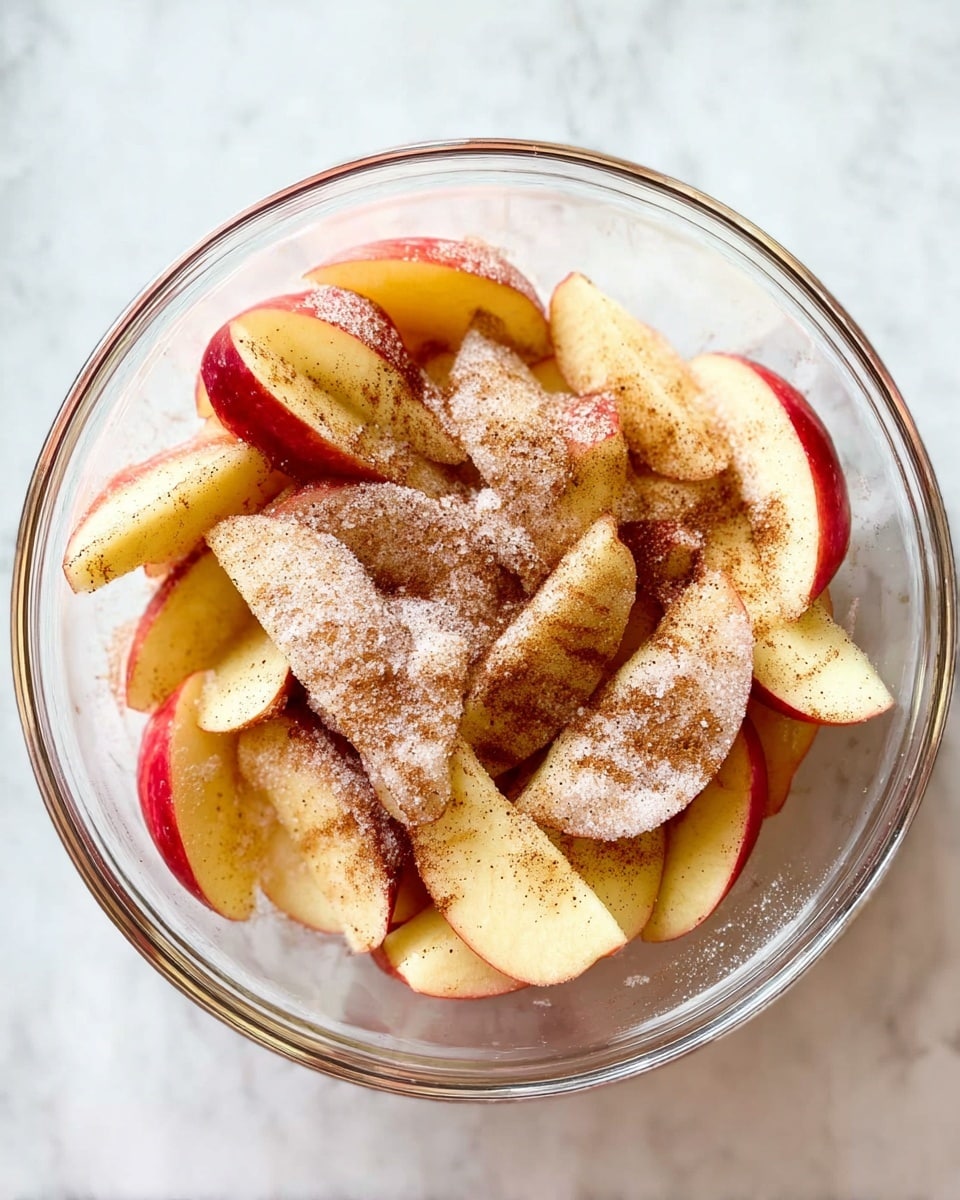 A clear glass bowl filled with about two layers of apple slices, each slice showing red and yellow skin with a fresh, moist texture. The slices are unevenly stacked, covered with a thin dusting of white sugar and brown cinnamon powder that gives a speckled look on top. The bowl sits on a white marbled texture, creating a clean and bright background. photo taken with an iphone --ar 4:5 --v 7