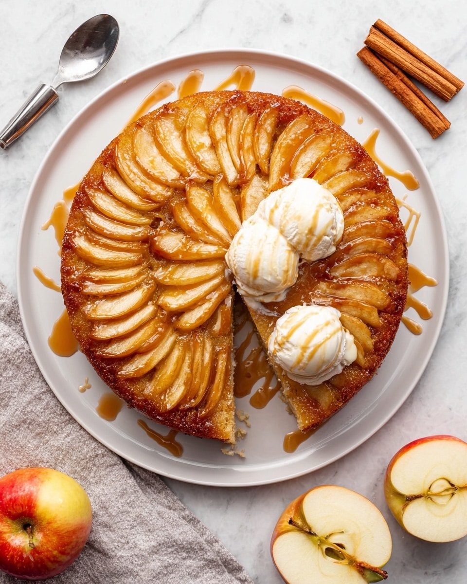 A round upside-down apple cake sits on a white plate on a white marbled surface. The top layer shows soft, golden apple slices arranged in a fanned circle with a shiny caramel glaze. Beneath the apples is a thick, moist golden-brown cake layer. Two scoops of white vanilla ice cream topped with drizzled caramel sauce rest in the center of the cake. Around the cake are two red and yellow apple halves, a whole apple, a glass filled with cinnamon sticks, and a few extra cinnamon sticks scattered nearby. Photo taken with an iphone --ar 4:5 --v 7