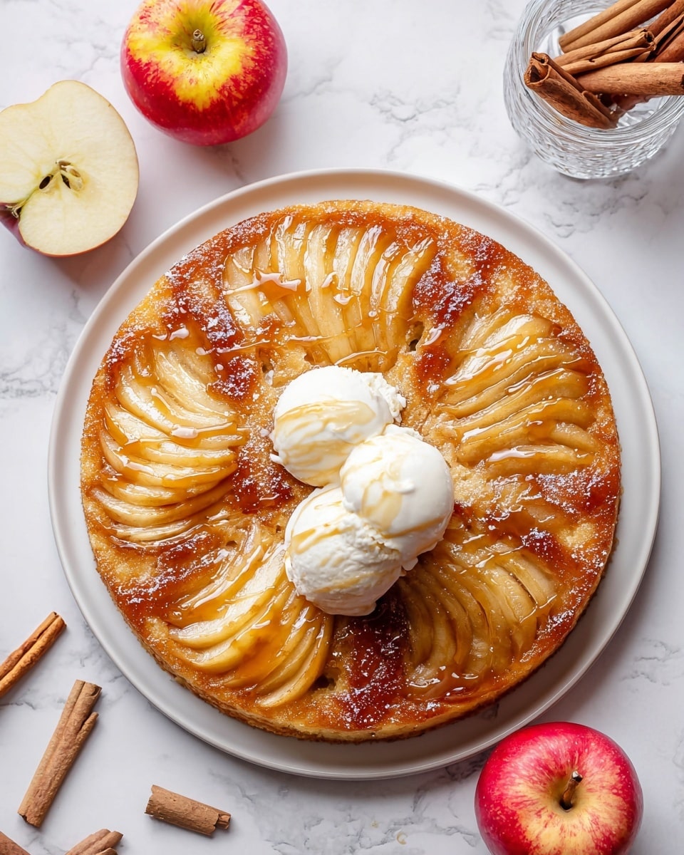 A round upside-down apple cake with a glossy caramelized top layer made of thin, golden-brown apple slices fanned out in a circle, sitting on a light brown cake base layer visible on the cut side. On top, there are two scoops of melting vanilla ice cream drizzled with caramel sauce. The cake is on a white plate, placed on a white marbled surface. Around the plate, there are two halved apples showing their pale yellow insides, a few cinnamon sticks, a metal spoon with some cream, and a whole apple nearby. photo taken with an iphone --ar 4:5 --v 7
